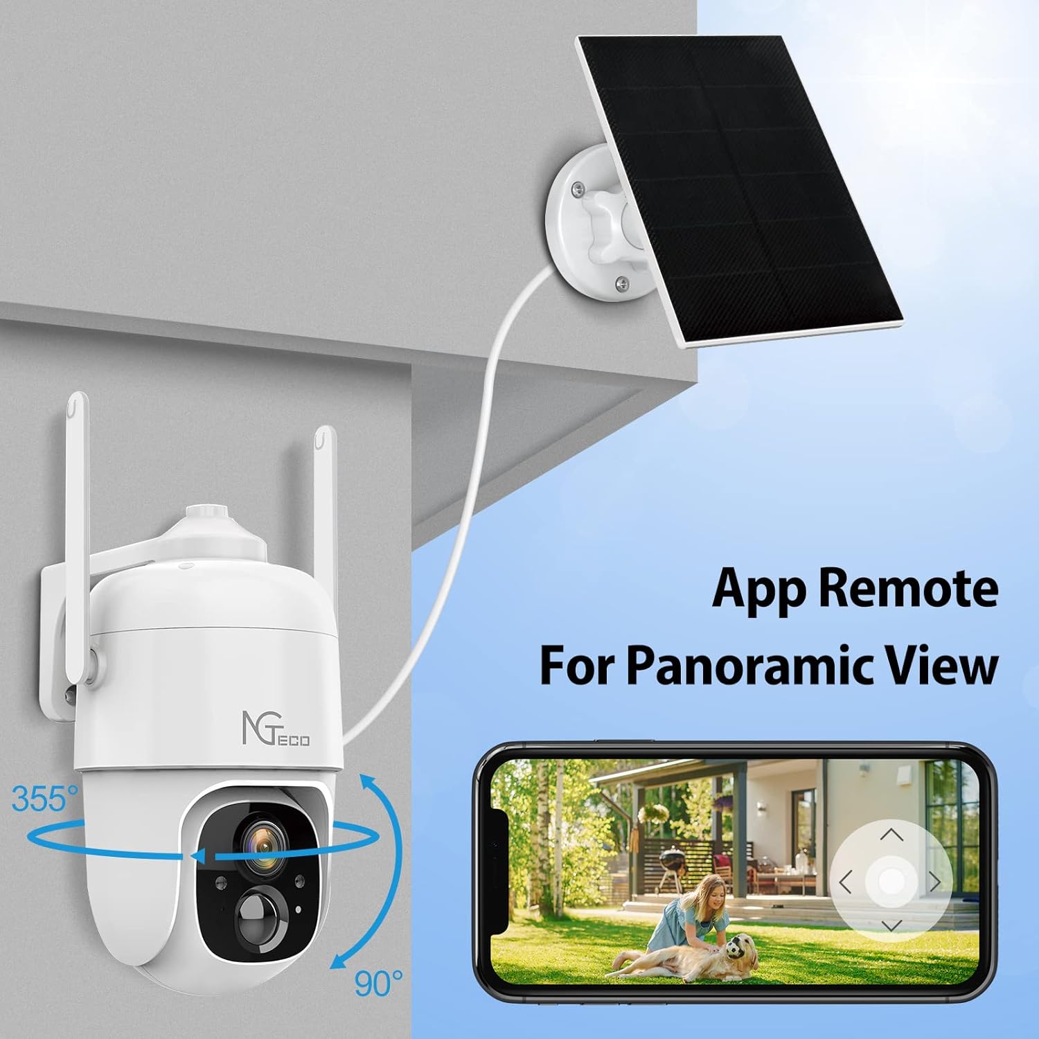 Camera with 355 degree pan and 90 degree tilt, showing app remote control