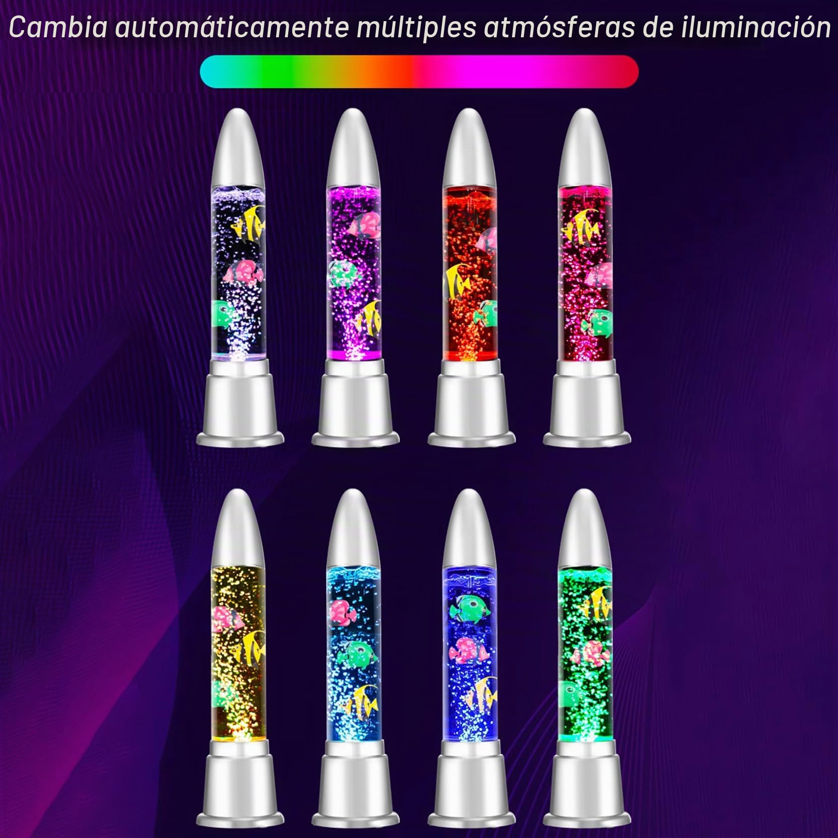Lámpara de pie LED de fantasía en forma de tubo de pescado con 7 efectos de luz cambiantes de color y 3 peces falsos, luz nocturna para aliviar el estrés, lámpara sensorial calmante para el autismo y