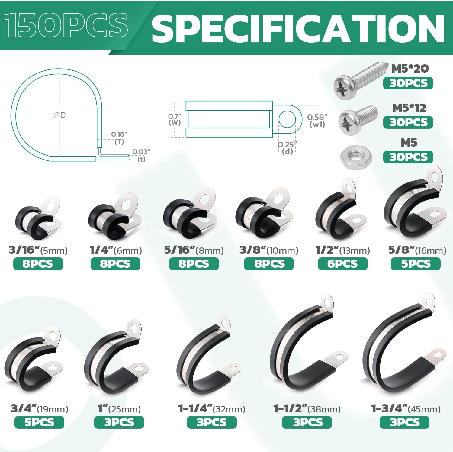 OURU 150PCS Cable Clamps with Screws Assortment Kit 304 Stainless Steel Rubber Coated Cushioned Insulated Wire Pipe Clamps 11 Sizes—3/16" 1/4" 5/16" 3/8" 1/2" 5/8" 3/4" 1" 1-1/4" 1-1/2" 1-3/4"