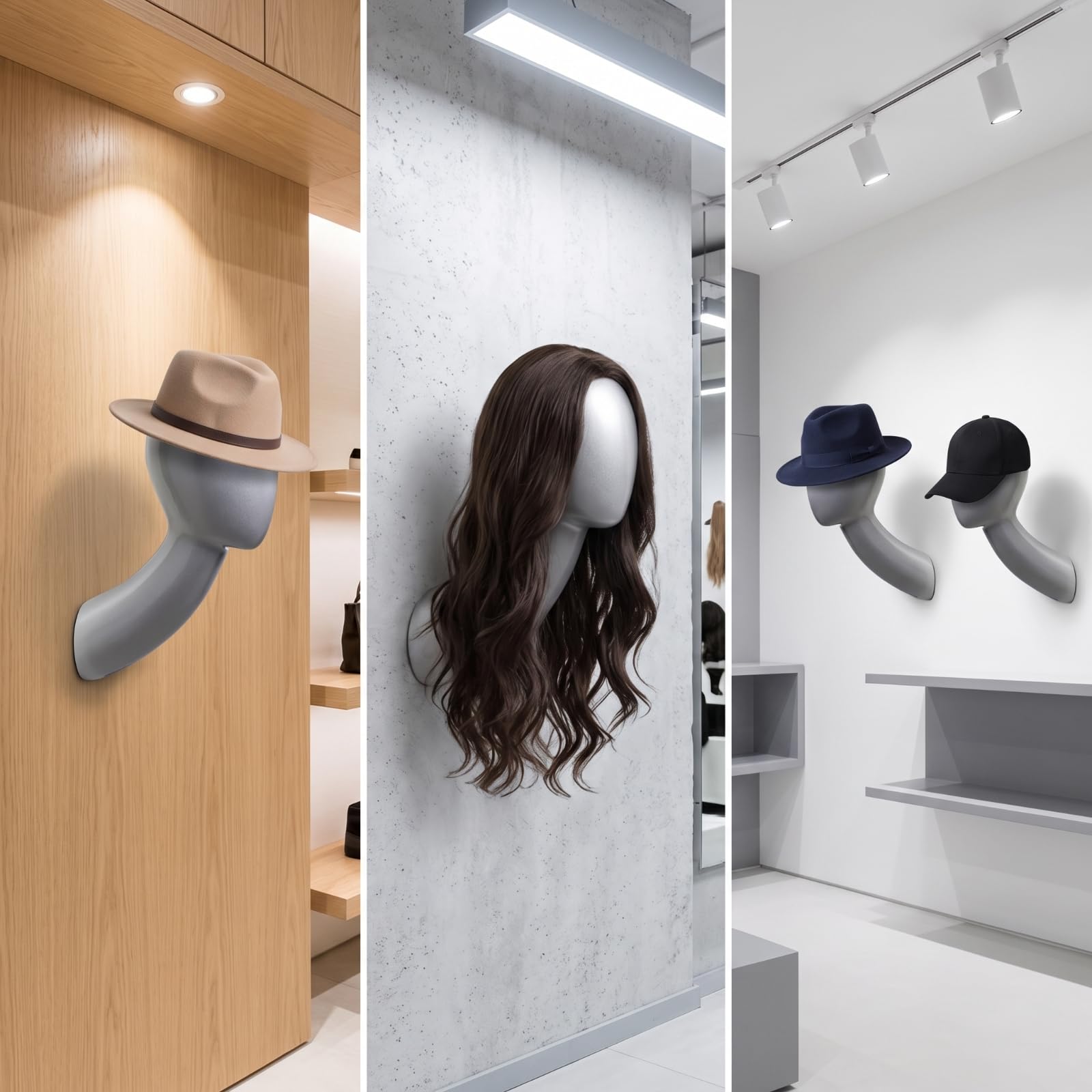 Soporte de Pared para Exhibición Cabeza de Maniquí Expositor Montaje en Pared Maniquí Cabeza Larga Acabado Moderno Ligero y Fácil de Reubicar Sujeción
