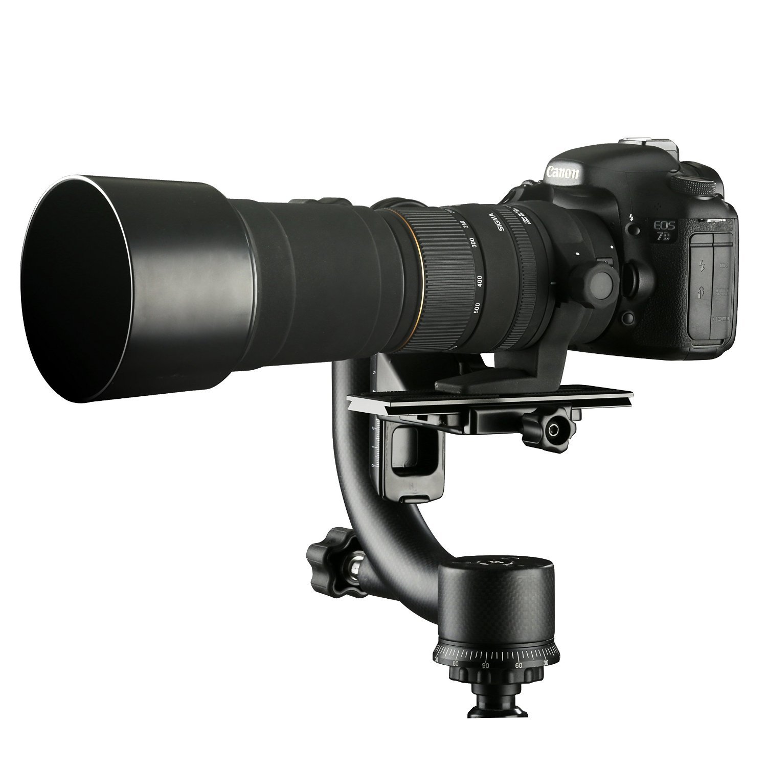 sisiny view of the SevenOak SK-GH02 Gimbal Tripod Head with camera and lens.