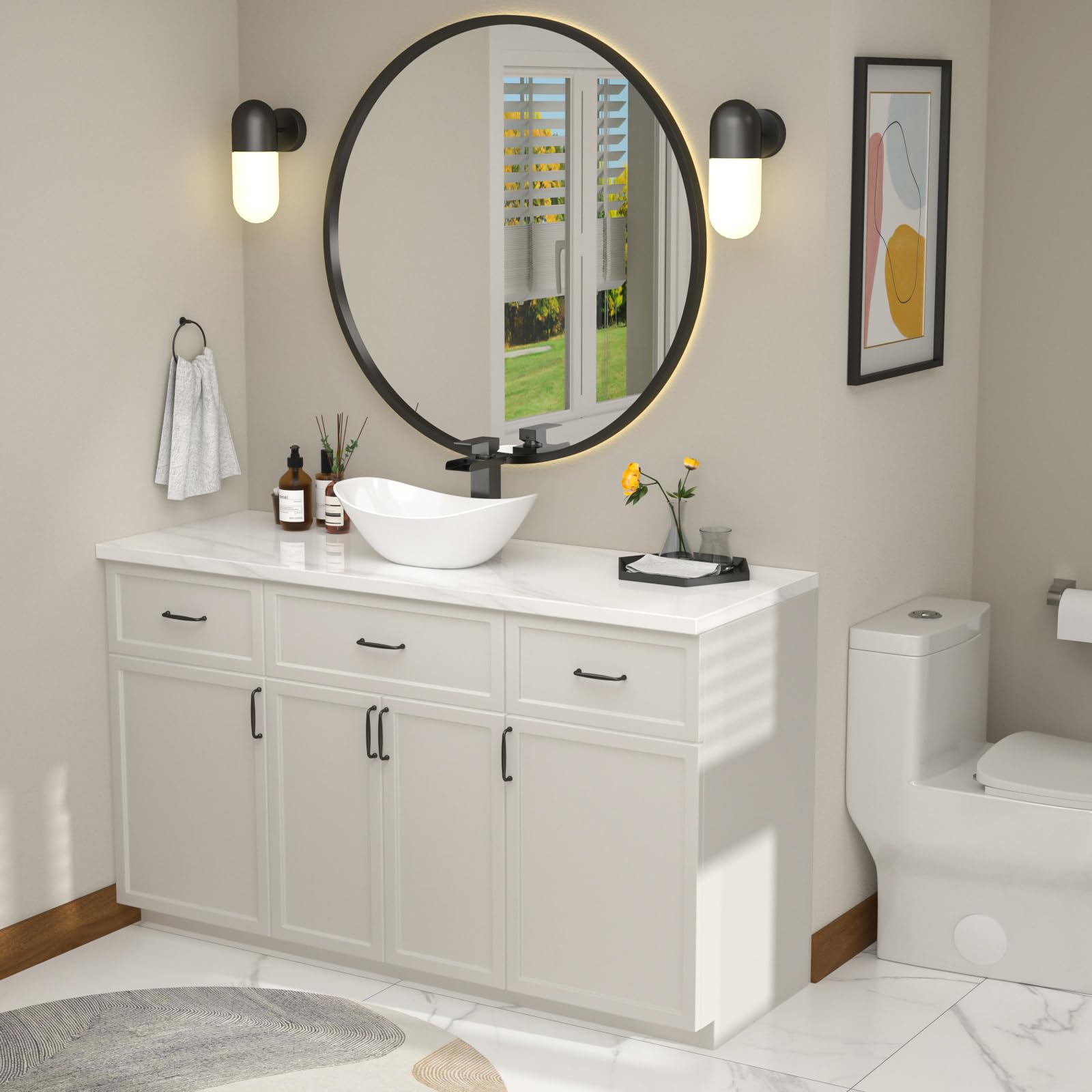 Fregadero ovalado blanco para baños, 17 x 11 pulgadas, diseño moderno de barco, lavabo artístico sobre mostrador, porcelana blanca, fregadero pequeño y profundo