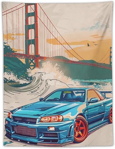 QEOPGNE Tapiz grande para colgar en la pared, diseño de puente de puerta dorada, grandes olas, japonés, retro, Jdm, auto, R34, tapiz para
