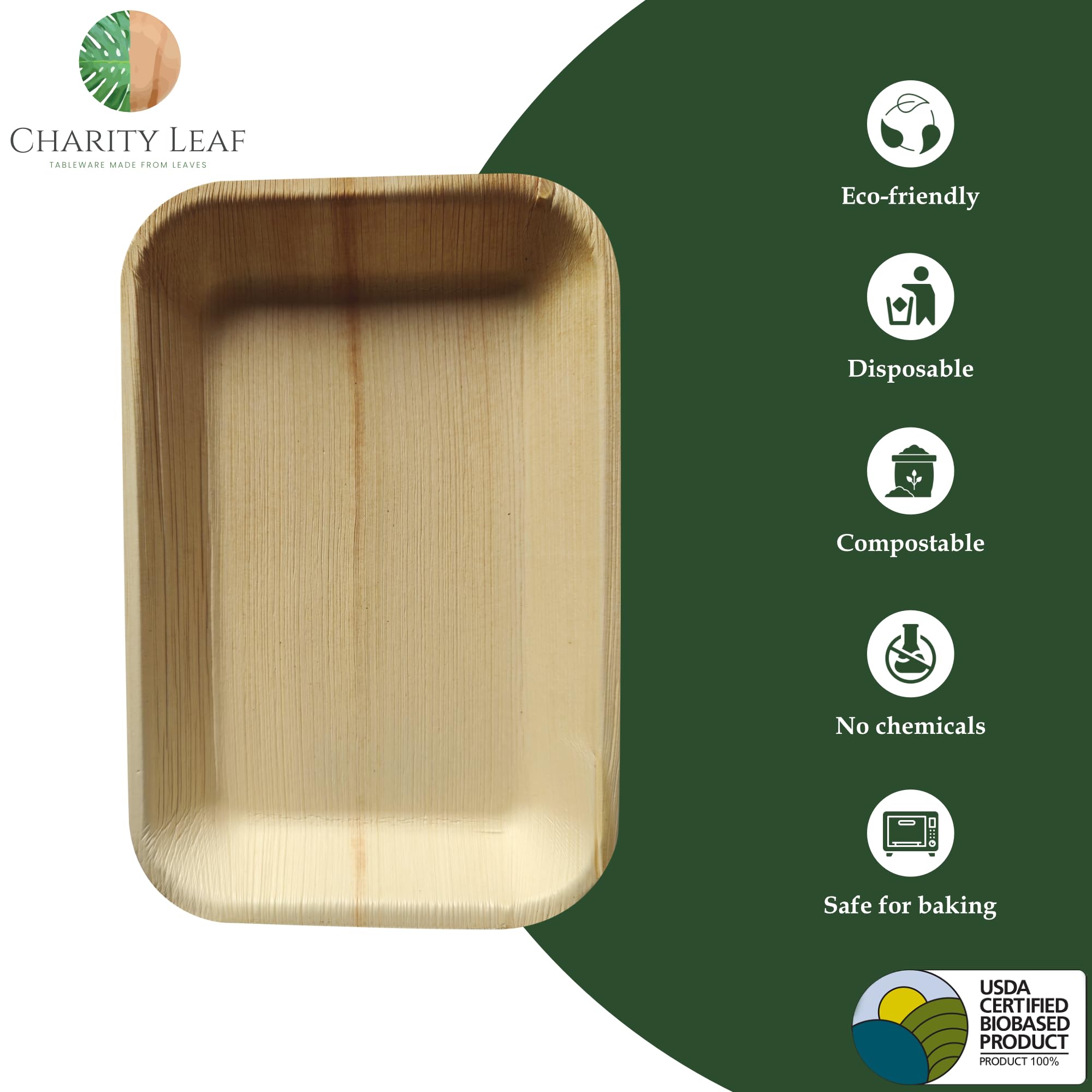 Charity Leaf Jednorazowe tacki na liście palmowe 23 cm x 15 cm (50 sztuk) bambusowe talerze do serwowania, jednorazowe deski, ekologiczna zastawa obiadowa na wesela, catering, imprezy
