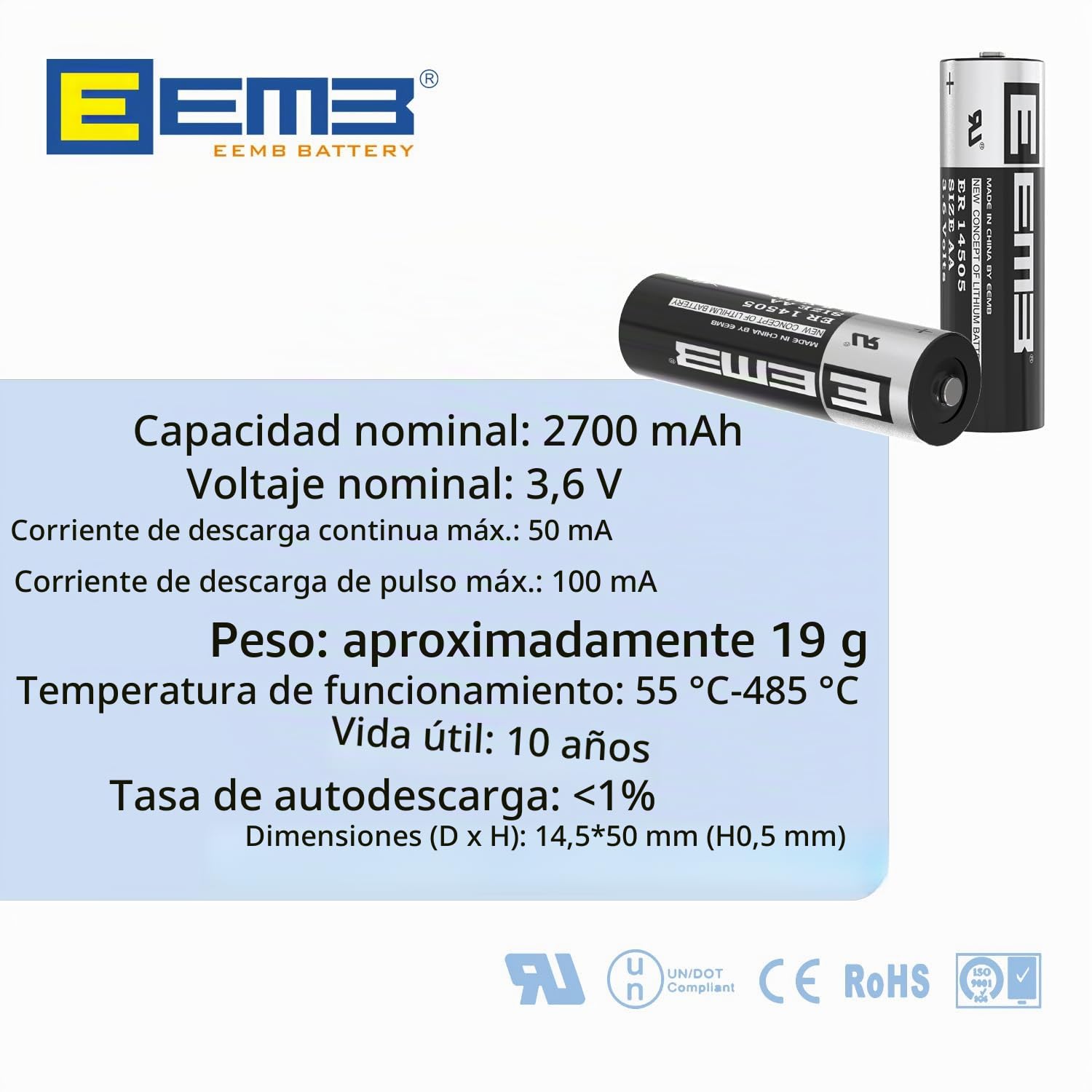 EEMB ER14505 3,6V Pilas Litio AA LS 1450O SB-AA11 Batería(20 Unidades) | Li-SOCL₂ SB-AA11 LS14500 TL-5903 SL-360 no recargable para sensor de puerta, agua, electricidad, gas, medidor PLC