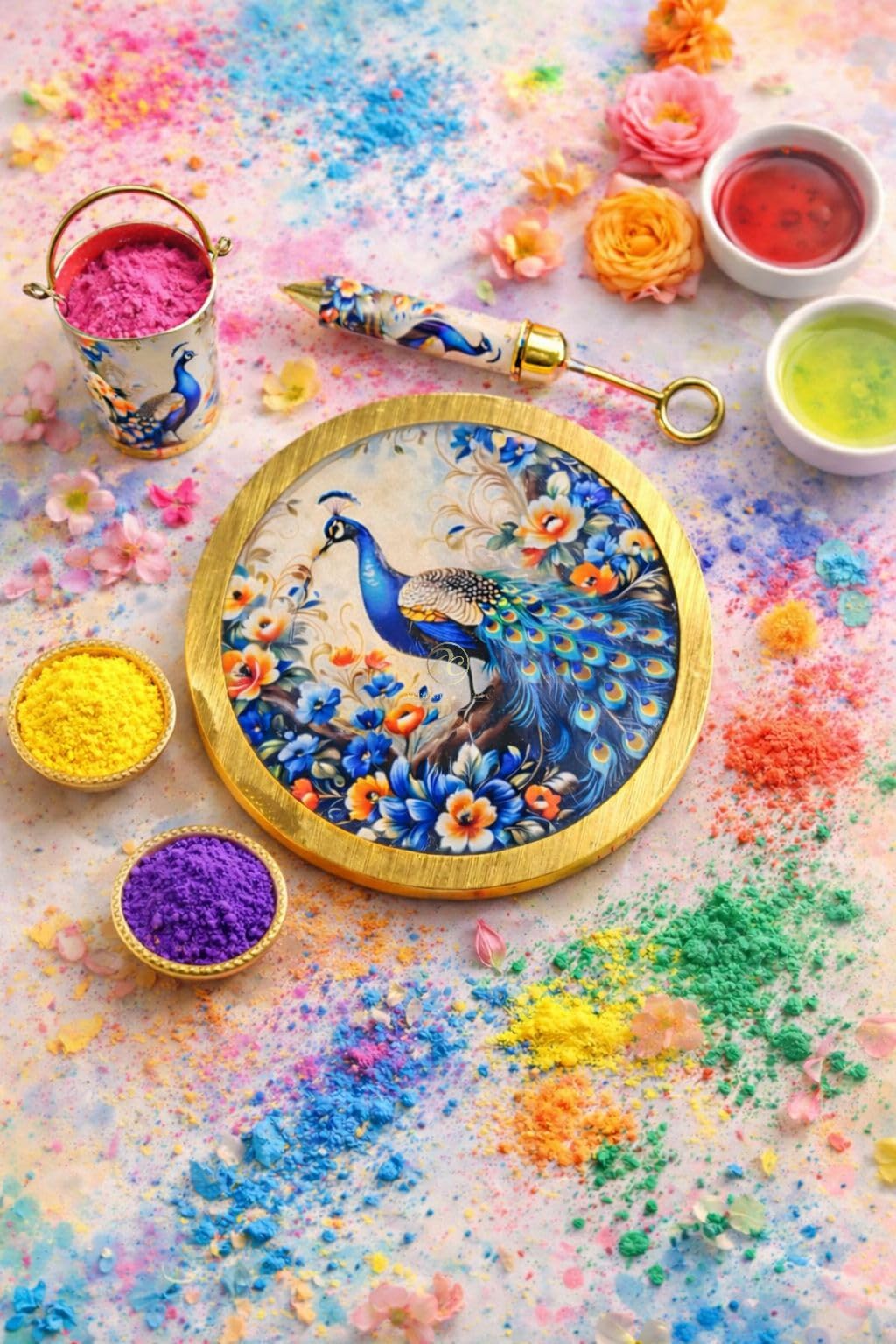 Arrakasta Crafts Laddu Gopal Holi Puja Thali Plate Platter 5 Piece Set with Balti, Pichkari, 2 Bowls | Radha Krishna Peacock Pichwai Holi Puja Item Nand Utsav Gift (Peacock Holi Platter 5 Pcs Set) 3