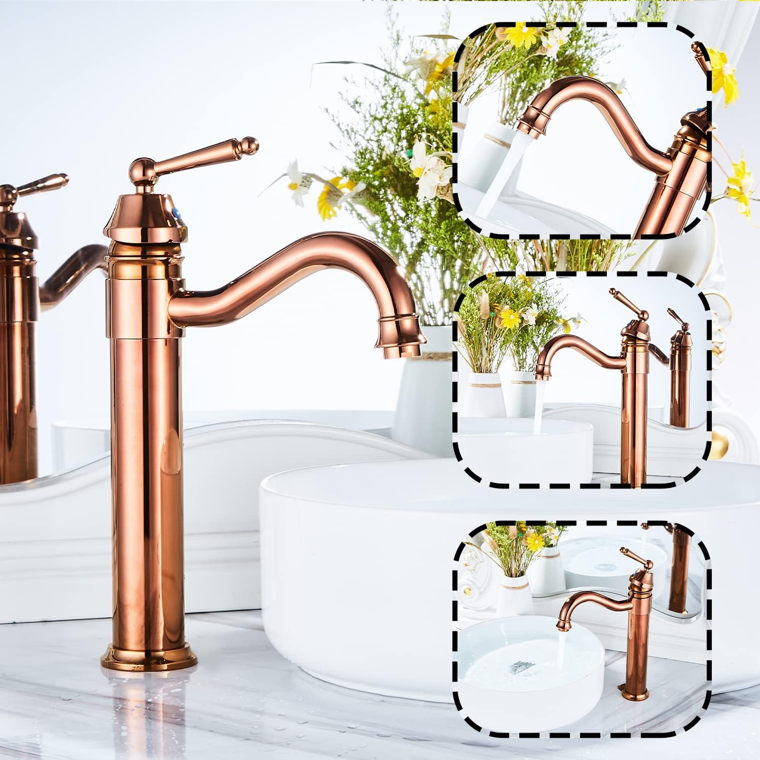 GGStudy Tall Body Single Handle One Hole Bathroom Vessel Sink Faucets Copper Finish with Pop Up Drian Without Overflow - Image 5