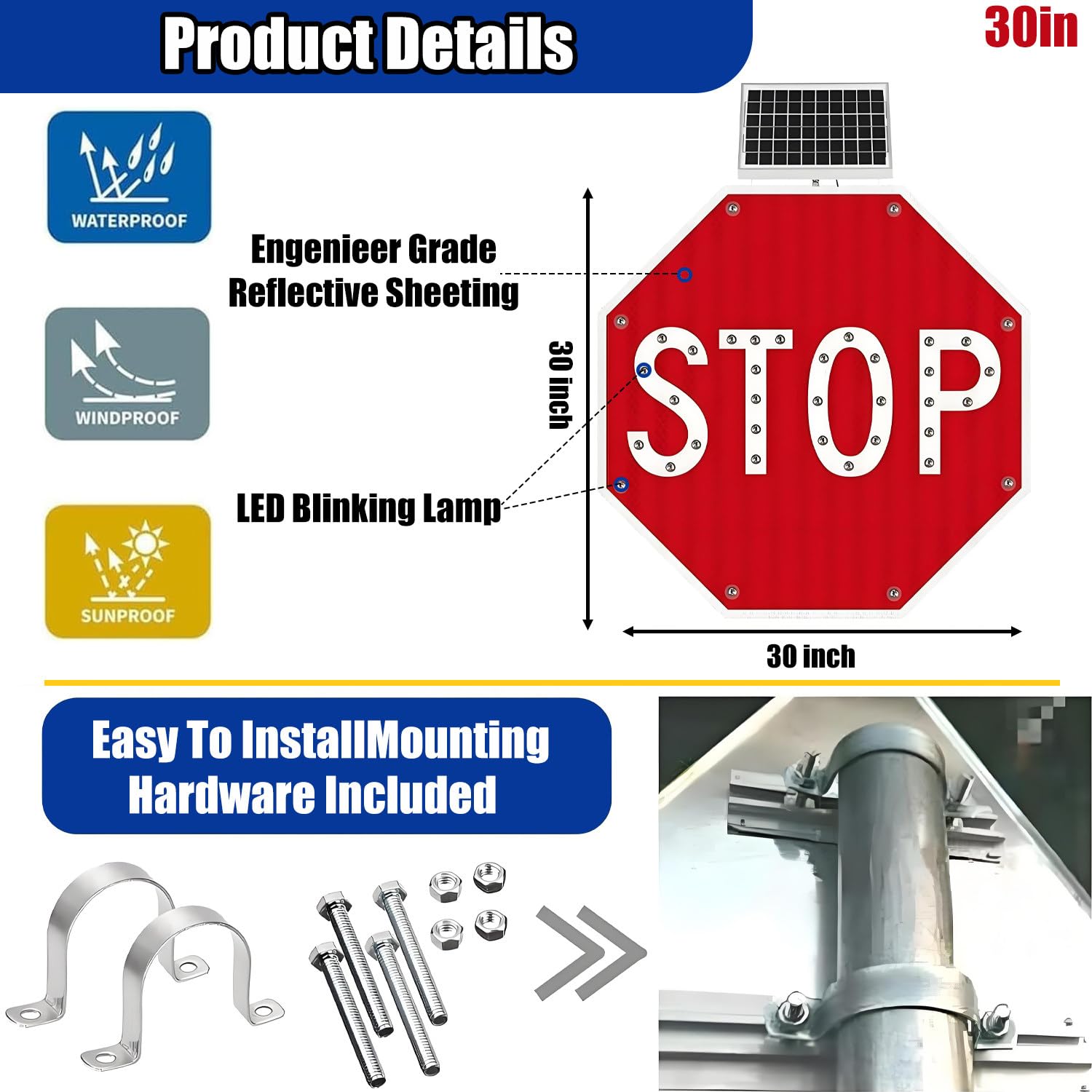 Señal de tráfico Octagonal de Aluminio, señal de Stop con luz LED Solar Intermitente, película Reflectante de Grado Industrial, para señales de tráfico iluminadas con luz LED. 30IN-1