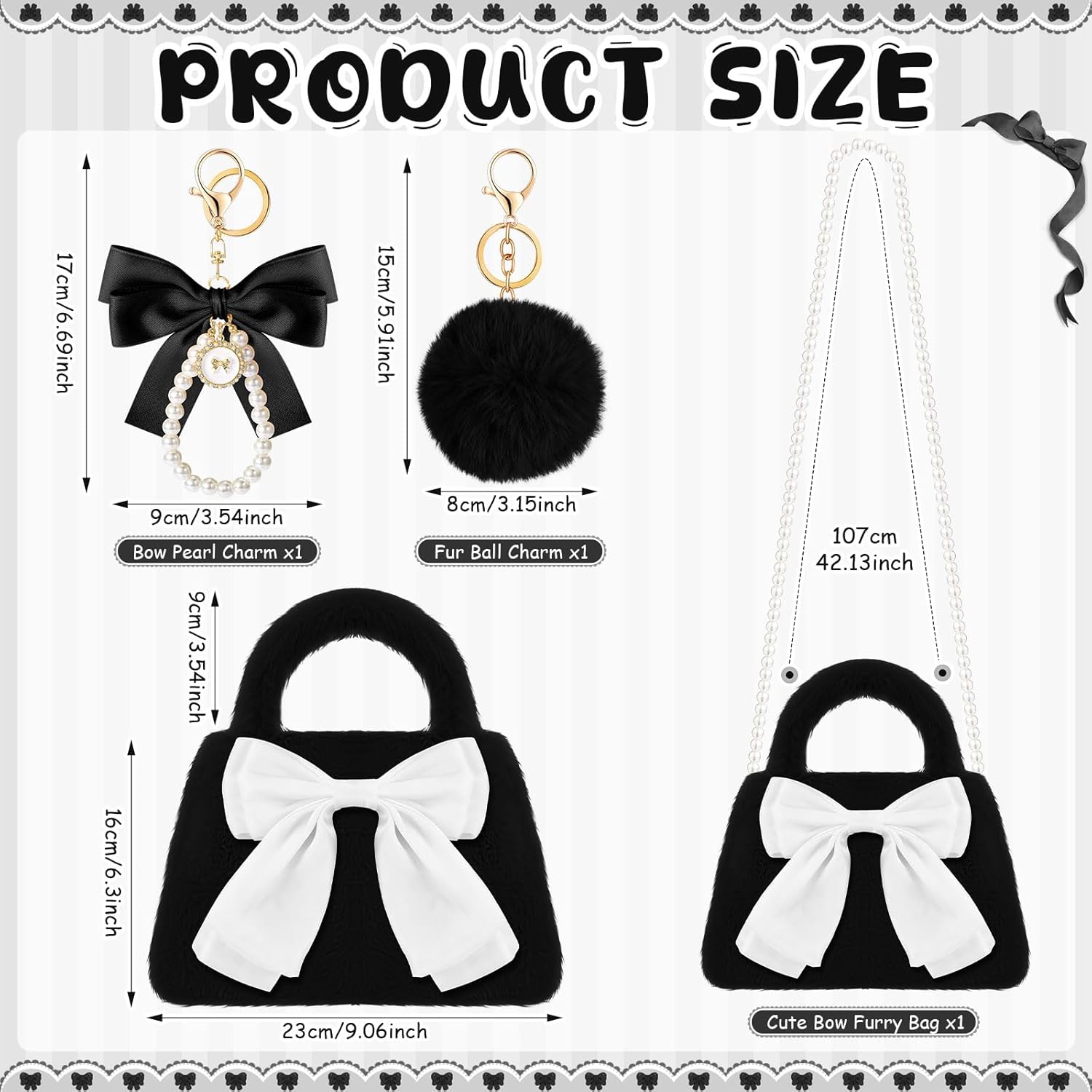 Abbylike 3 Pcs Bow Knot Furry Crossbody Purses with Fluffy Pom Pom Keychain and Pearl Bow Charm Cute Women Handbags - Image 3