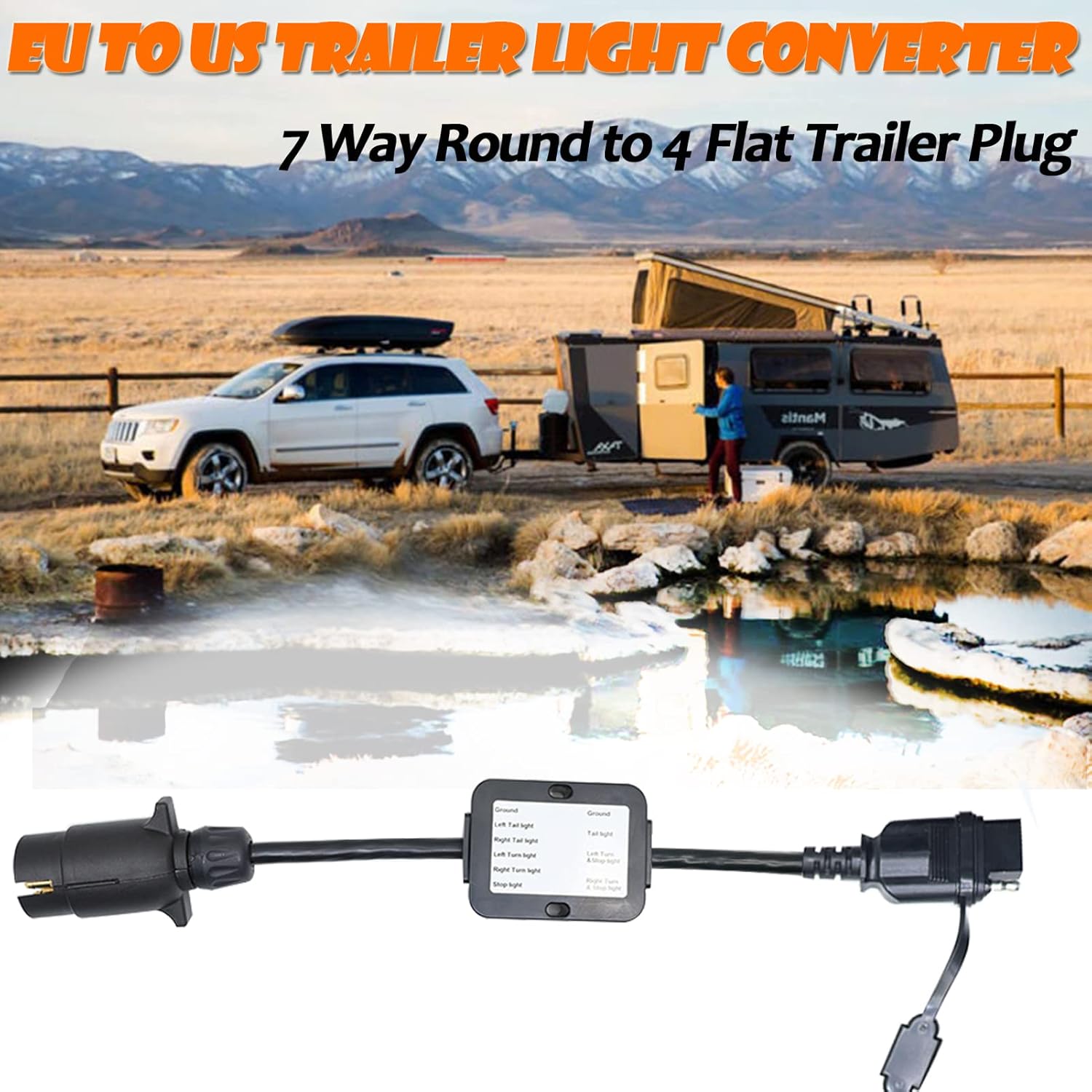 Trailer Light Converter European Round 7-Pin Adapter to USA 4-Way Flat Plug Connector