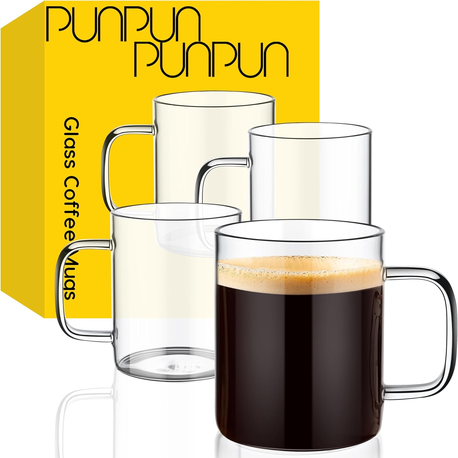 PunPun 17oz. / 500 ml Large Clear Glass Coffee Mugs Set of 4, Clear Espresso Cups, Large Wide Mouth Glass Mugs with Big Handle, Heatable Coffee Mugs for Cappuccinos and Juice Glass Cups