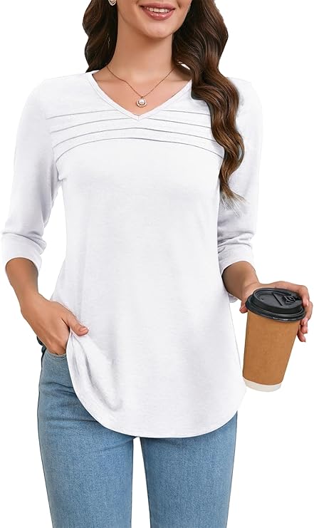 EYZH Women&#39;s 3/4 Sleeve V-Neck Tunic Top 2025- Pleated Front, Loose Fit Casual Blouse, Curved Hem
