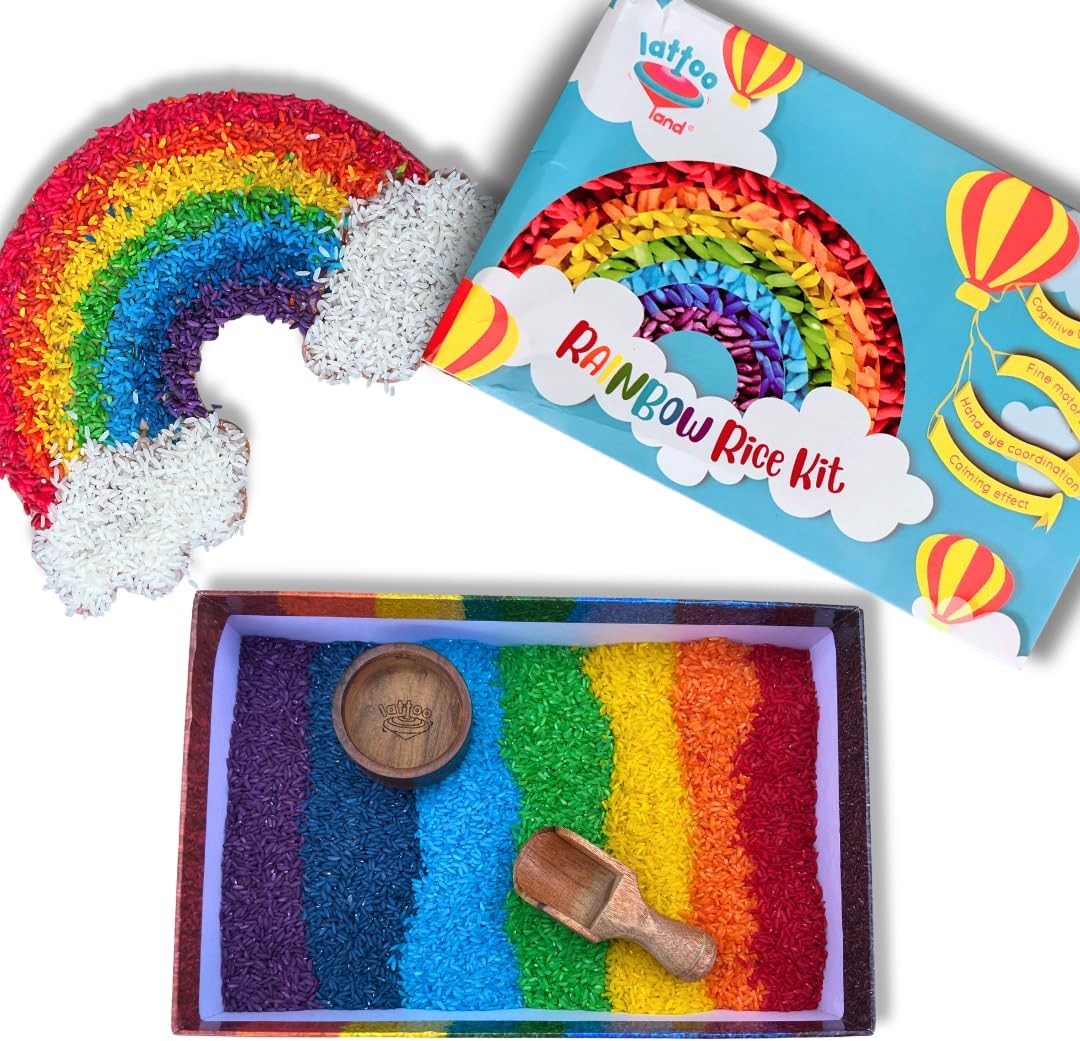 Lattooland Rainbow Rice Kit for Sensory Play with Wooden Tools | Colorful Rice Activity for Toddlers | Perfect for DIY Sensory Bins | Sensory Rice Kit