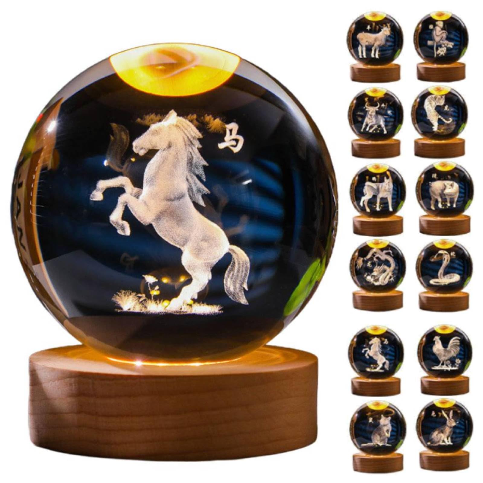 Chinese Zodiac Luminous Crystal Ball Night Light, Chinese Zodiac Horse 3D Crystal Ball with Wooden Lighting Base, Feng Shui Glass Sphere, New Year Birthday Gift, Home Furnishings (horse 8cm)