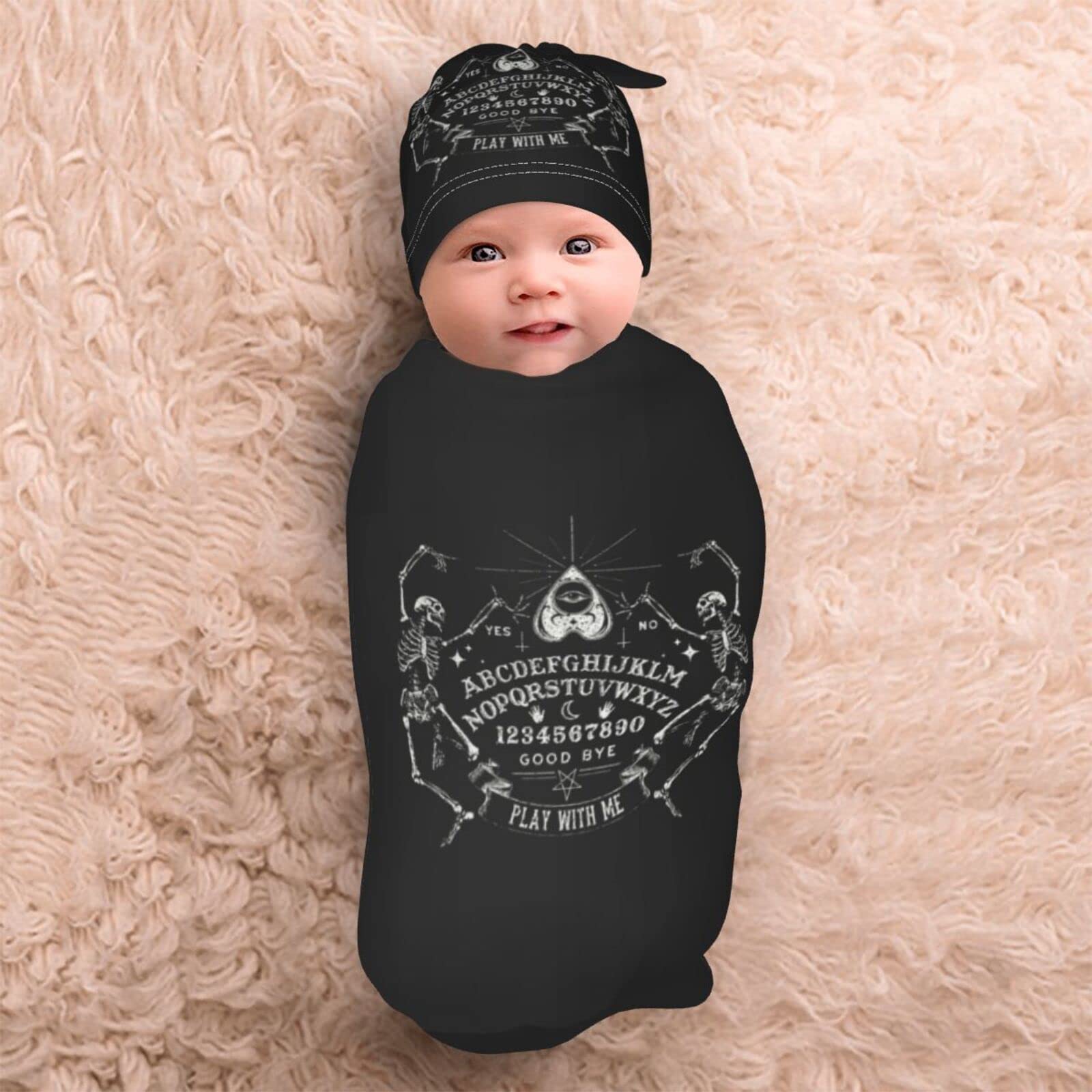 Baby Swaddle Blanket With Beanie Hat - Vintage Skeleton Ouija Black Pattern Newborn Set