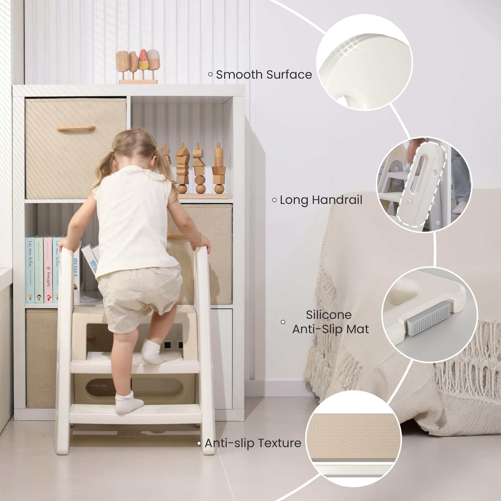Marche Pied Enfant Pliable 2/3 Marches, Hauteur Réglable et Antidérapant, Escabeau Enfant, Tour d’Observation Montessori pour Cuisine et Toilette, Kaki