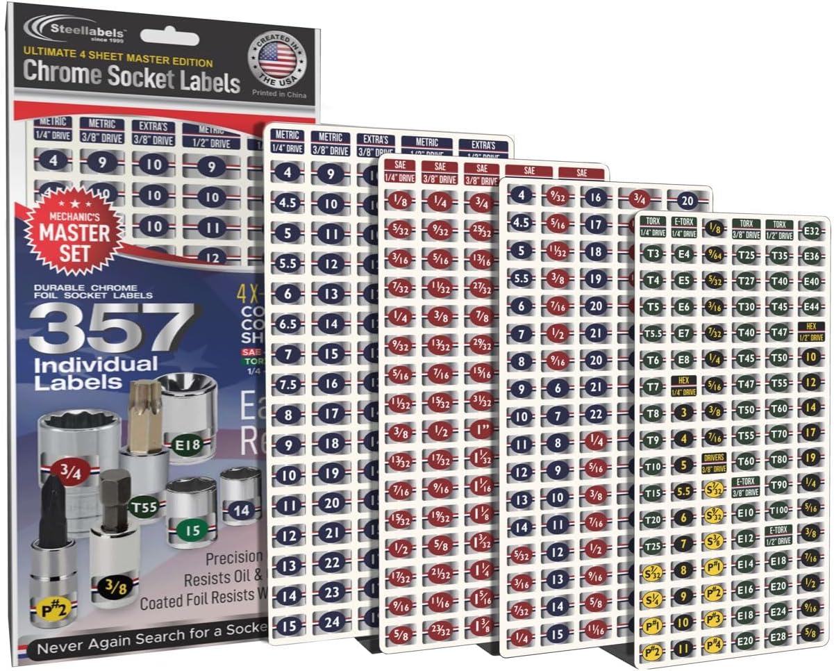Ultimate Magnetic Toolbox Label Set Socket Combo - 447 Labels for Organizing Box Drawers for Metric - SAE Sockets, Wrenches, Power Tools & More. fits All Brands of 'Steel' Boxes, Craftsman & Snap-on