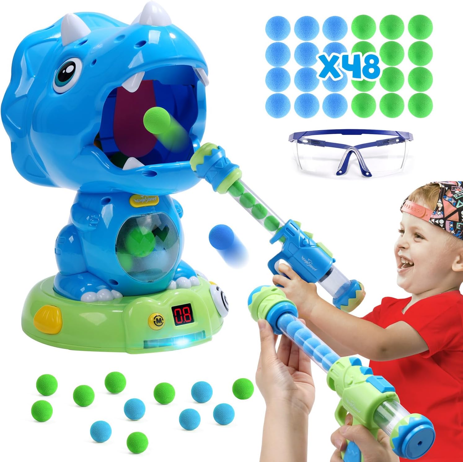 EagleStoneMoveable Dinosaur Shooting Toys Triceratops Action,Kids Shooting Games with LCD Score Record&LED, Enhancing Hand-Eye Coordination Toys for Boys and Girls