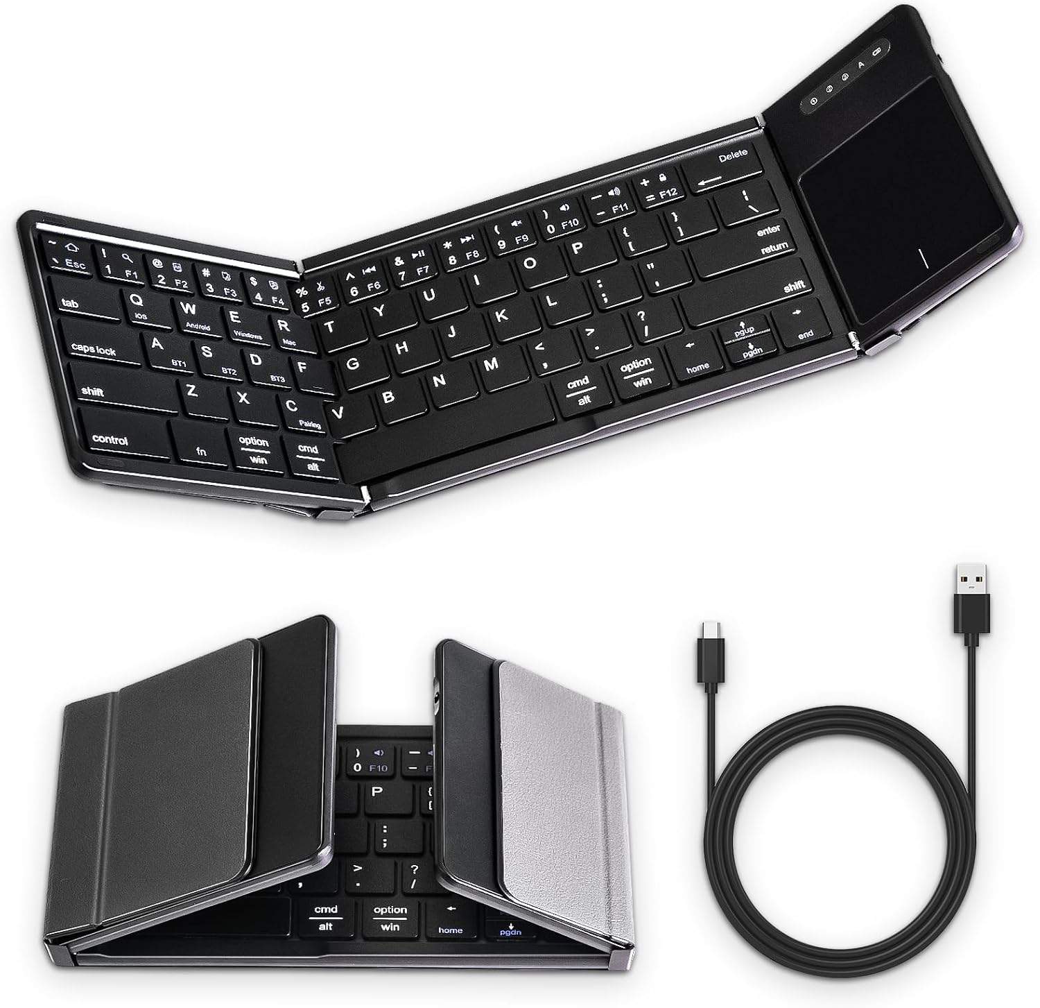 Foldable Bluetooth Keyboard with Touchpad, Wireless Folding Keyboard with PU Leather (Sync up to 3 Devices), Full-Size Portable Key Board for Android/Windows/iOS