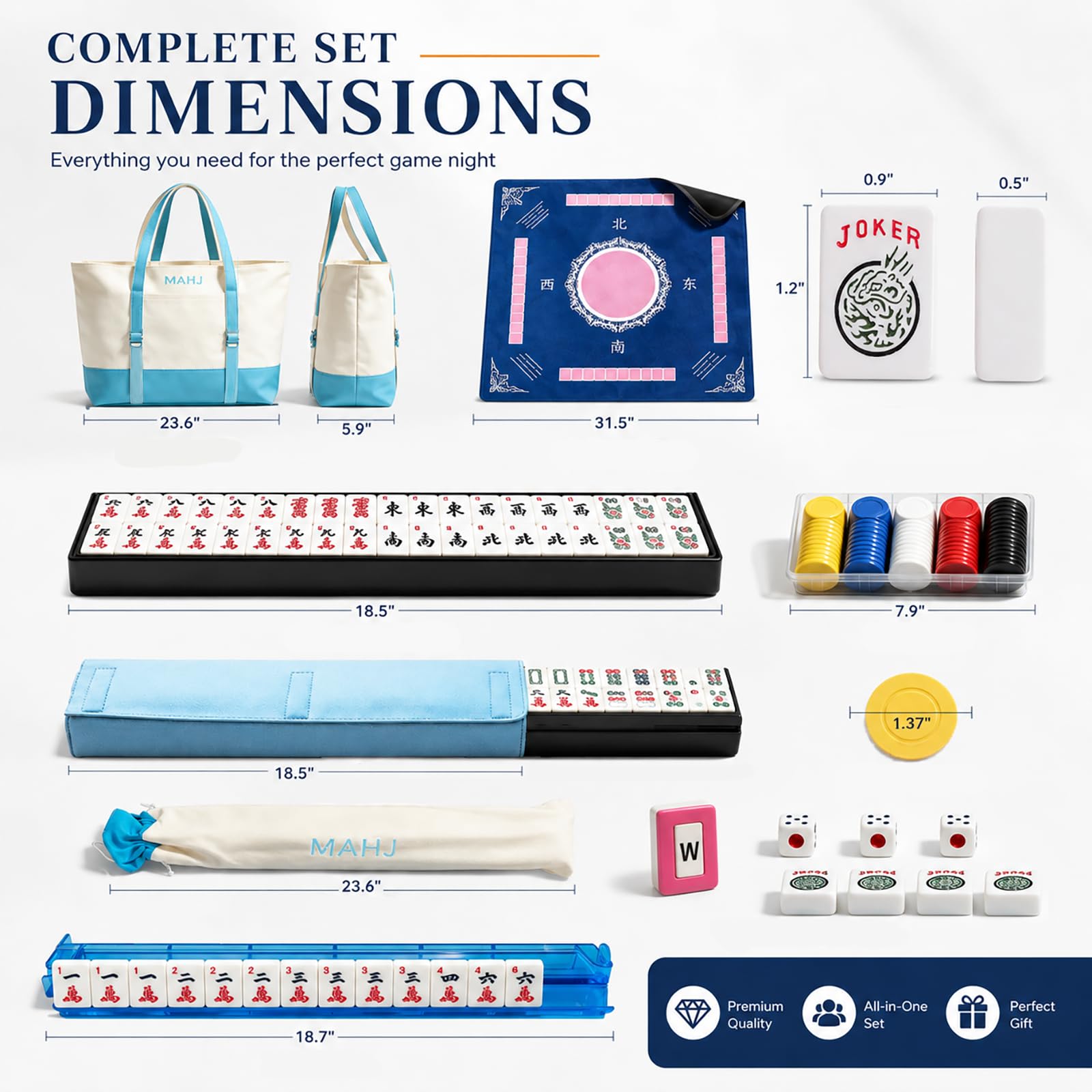 American Mahjong Set, Mahjong Fliesen Set mit Premium Mahjong Matte, 166 tief gravierte Melamin-Fliesen, 4 Rackschieber, große Punktechips, Reise Mahjong Spielset