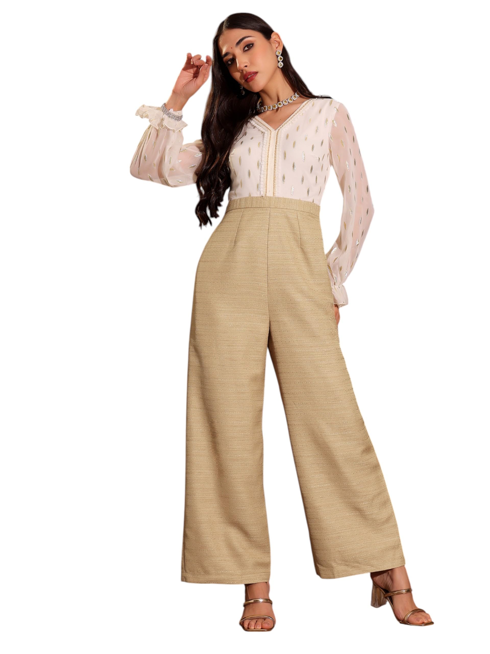 miss chase Women's V-Neck Bishop Sleeve Self Design Frilled Regular-Length Polyester Jumpsuit-picture-28