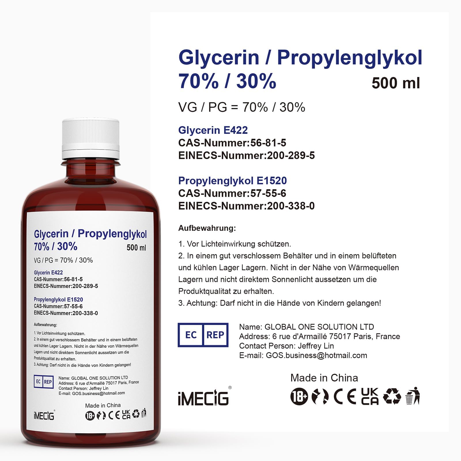 IMECIG 2 x 500ml 70% VG Glycerin/ 30% PG Propylenglykol, rein pflanzlich, 0% Zusatzstoffe, hochwertige Qualität Glycerin Propylenglykol
