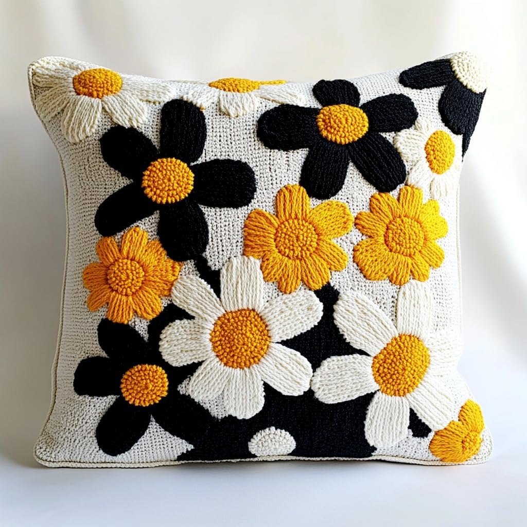 DIY Punch Needle Pillow Kit Black and White Daisy Flowers with Pattern and Hoop Handmade Embroidery Punch Needle Starter Pillowcase Making Set for Home Sofa Decoration 43x43cm-18