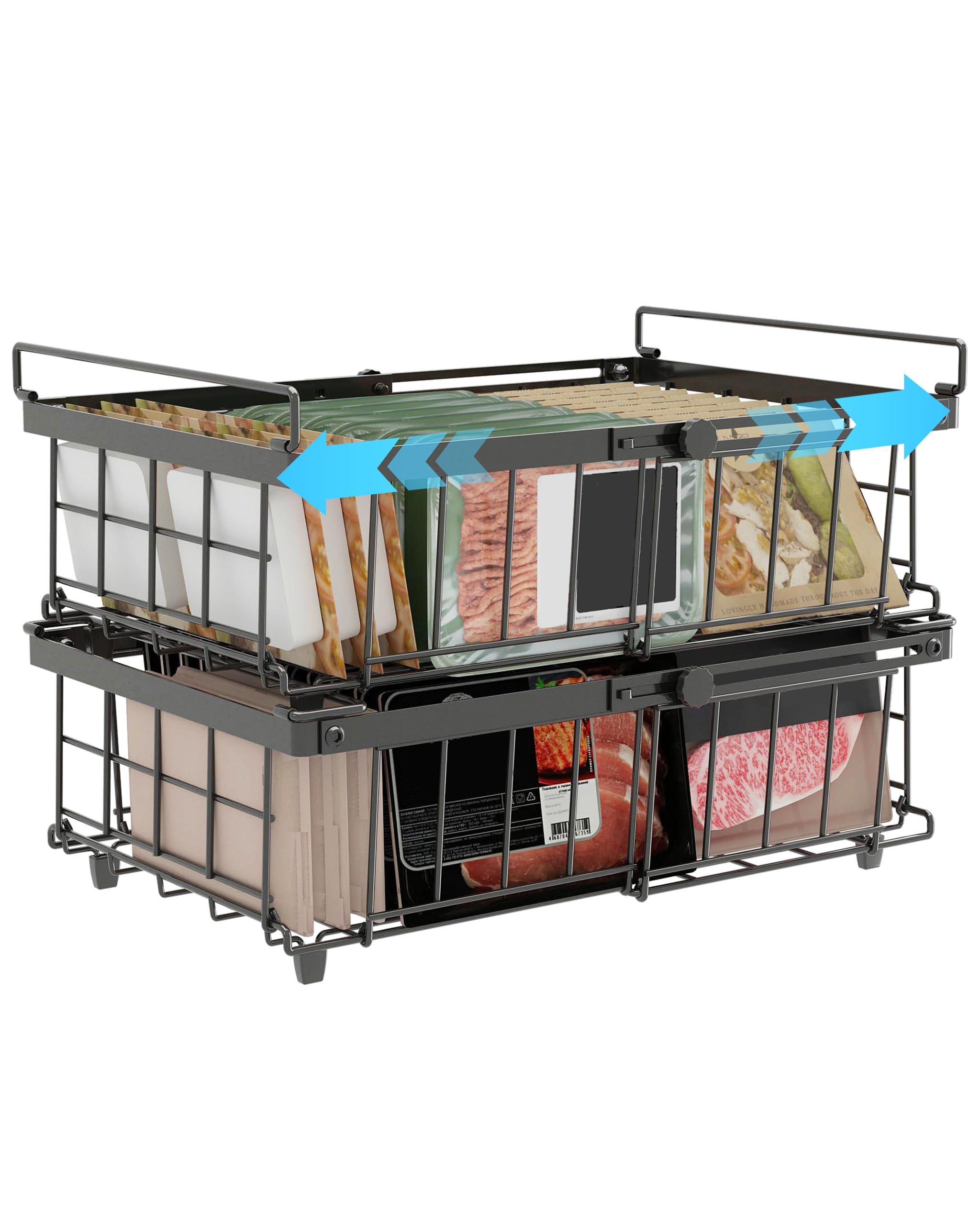 UMDONX 2er Gefriertruhe Körbe Schwarz - Griff Stapelbar GefrierköRbe für 283 bis 566L TiefküHltruhe,Gefrorene Zutaten organisieren, Ausziehbare Länge(29-45x30x15cm)
