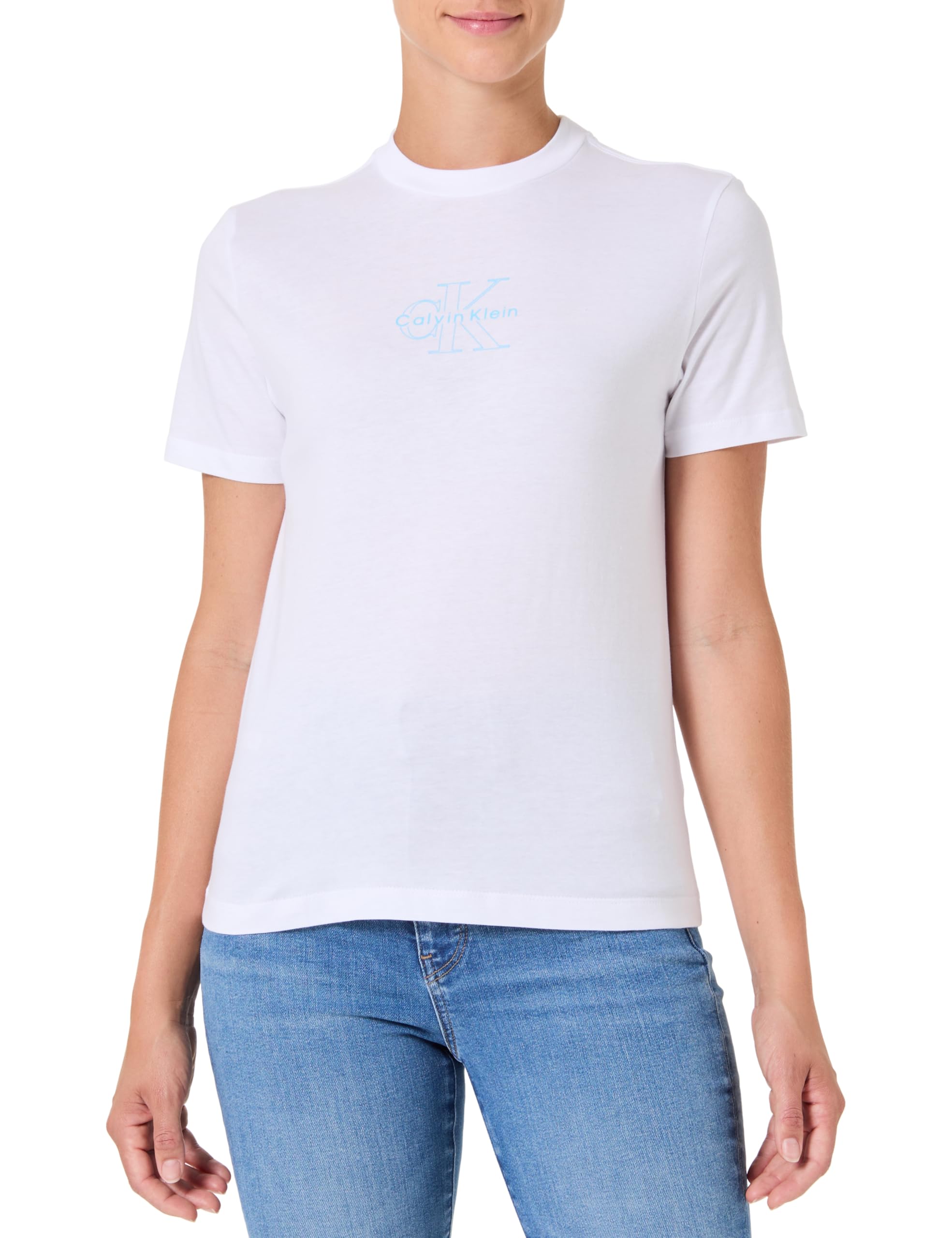 Calvin Klein Damen T-Shirt Kurzarm Classic Fit Tee aus Baumwolle, Weiß (Brilliant White), L