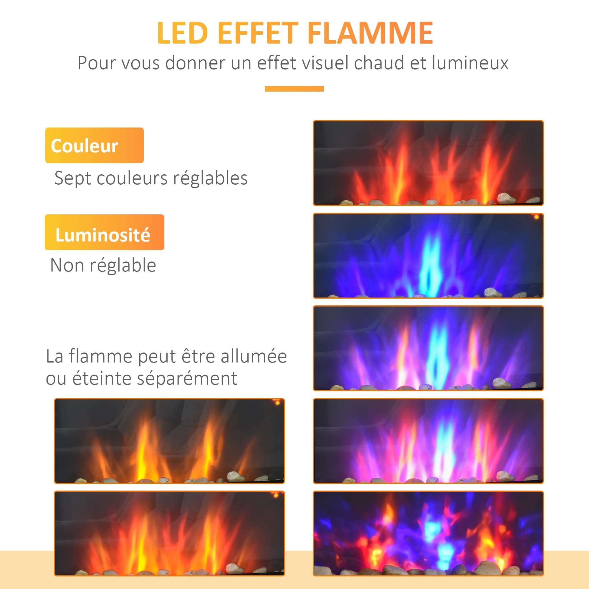 HOMCOM Camino elettrico da parete 1000/2000 W, camino decorativo con effetto fiamma LED 7 colori regolabili, temperatura 15-30 ℃, telecomando, timer e protezione contro il surriscaldamento, nero