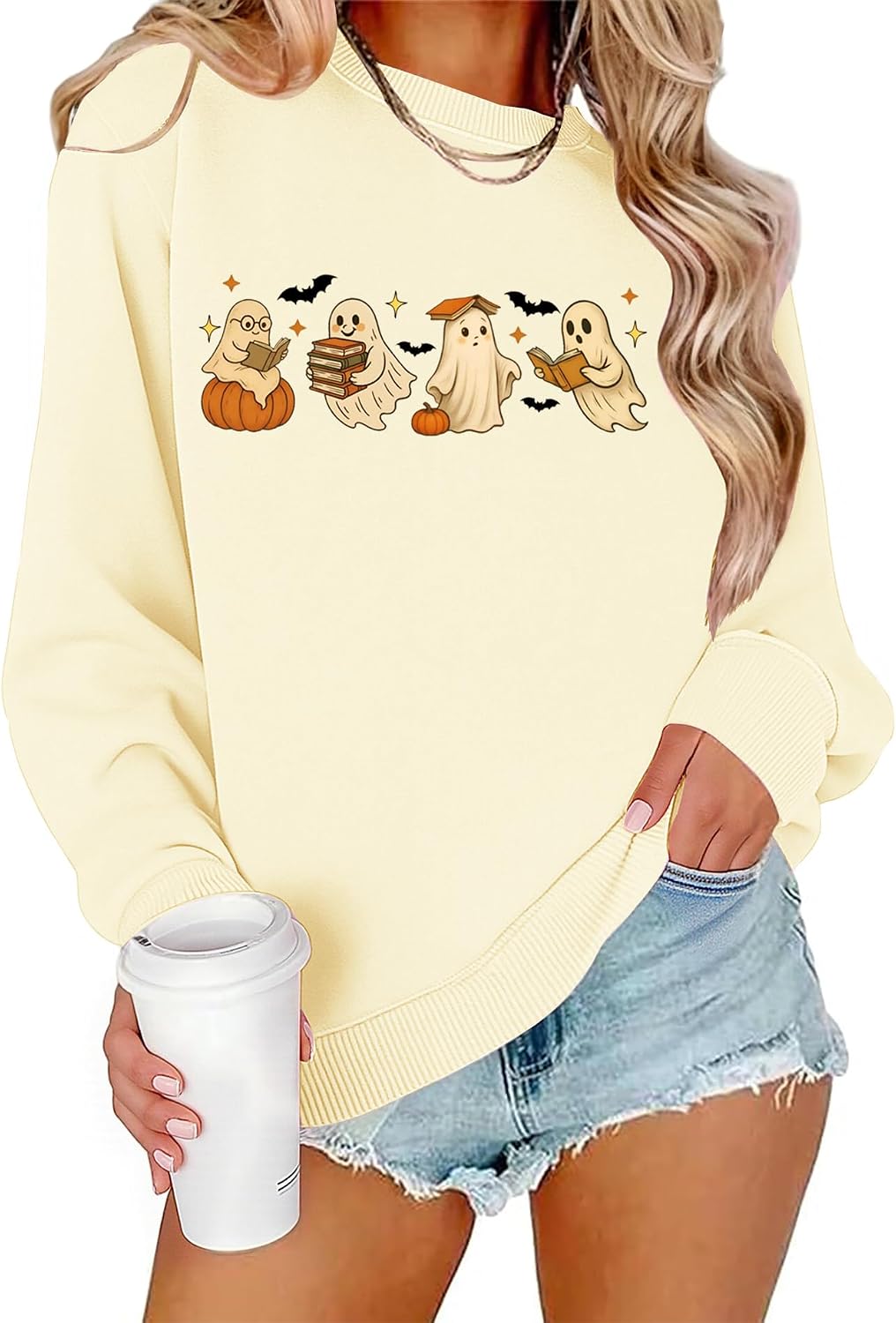 Teacher Halloween Sweatshirt Women Cute Ghost Reading Books Tops | Pullover,Crew Neck,Soft Fabric,Long Sleeve,Spooky Season