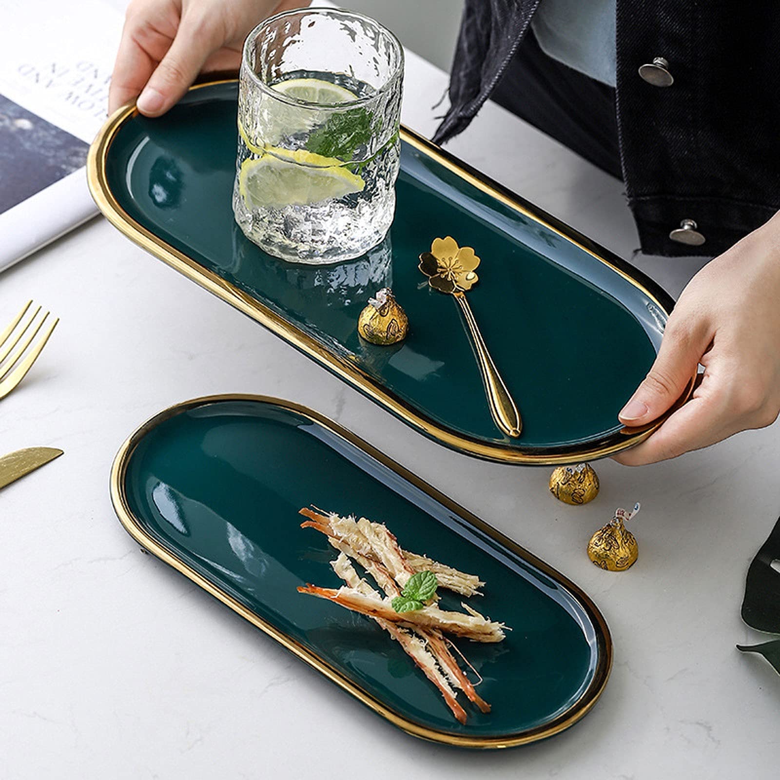 Foodservice Vassoio Vano vano vassoio Phnom Penh vassoio for uso domestico torta in ceramica torta dessert piastra creativa ovale stoccaggio piatto gioielli piastra verde snack piatto, 10/12 pollici p