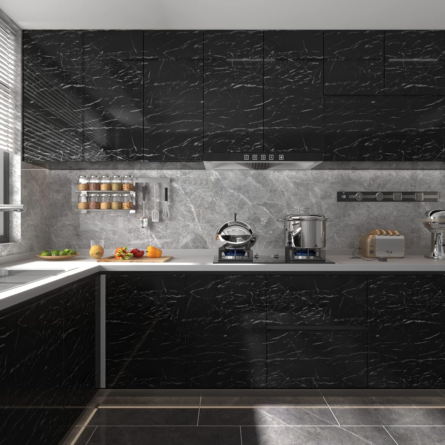 Glossy Black Marble Contact Paper 15.7 x 393.7 Inches Peel and Stick Wallpaper Vinyl Film Self Adhesive Removable Waterproof Wall Paper for Countertop Cabinet Kitchen Furniture Shelf Liner