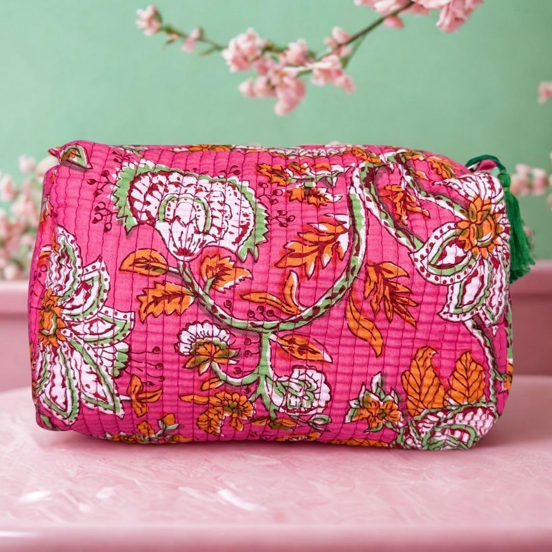 Block Print Designer Toiletry Bag & Makeup Case - Boho Floral Quilted Pouch for Cosmetics, Skincare - Waterproof Lined Organizer for Purse, Travel, Gift Large (9x7x4 inches) Multi 1 - Image 9