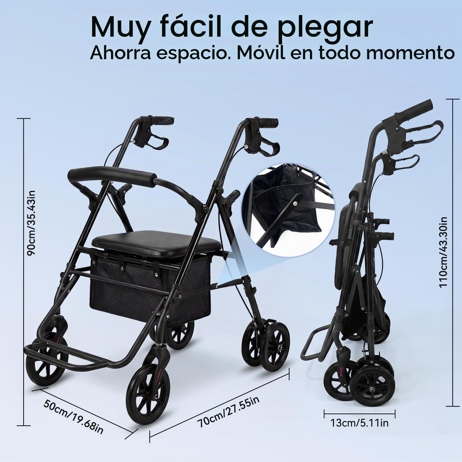 Andador plegable y ligero con sit andadores para apartamentos para personas mayores, plegable con neumáticos suaves, andador para todo terreno, carrito y silla de ruedas