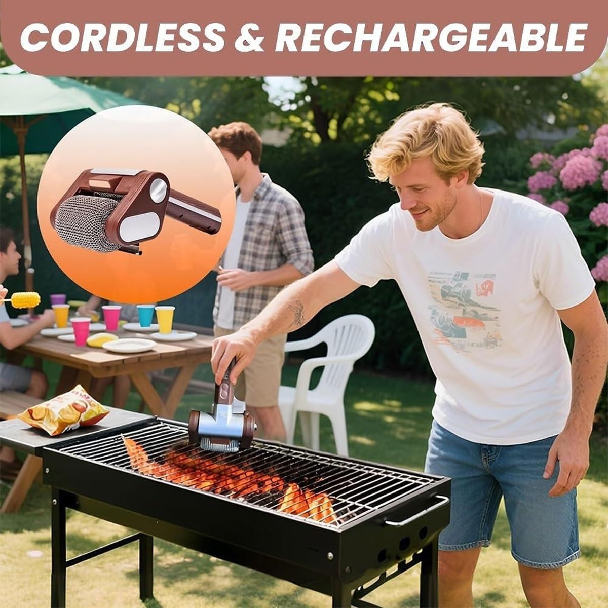 Elektrische Grillreinigungsbürste, schnurlose borstenfreie Spinnbürste mit 350 U/min Edelstahlrolle für Grill, abnehmbares Design und LED-Licht, 2 Edelstahlrollen im Lieferumfang enthalten