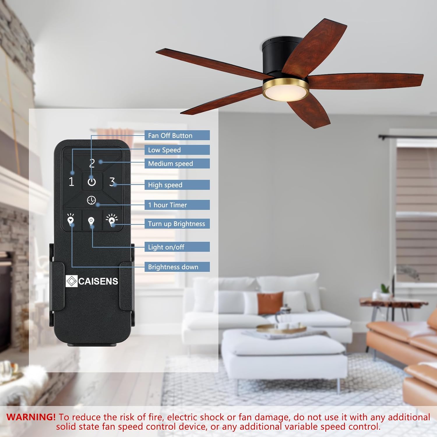 52 Inch Low Profile Ceiling Fan with Light and Remote, Black and Gold Flush Mount Ceiling Fan with Light, Indoor Modern Hugger Fan with Light Fixture and Timer Setting, 3CCT, Bedroom, Dining Room
