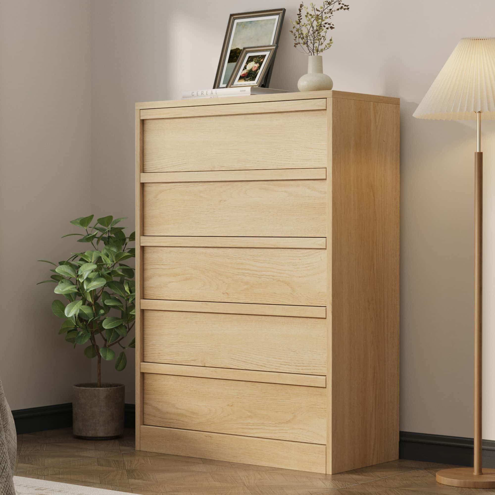 Photo 1 of Garvee 5 Dresser for Bedroom, 43.3" Tall Dresser, Freestanding Horizontal Drawer with Storage, Wooden Closet Chest Storage for Living Room, Hallway, Entryway, Natural Oak