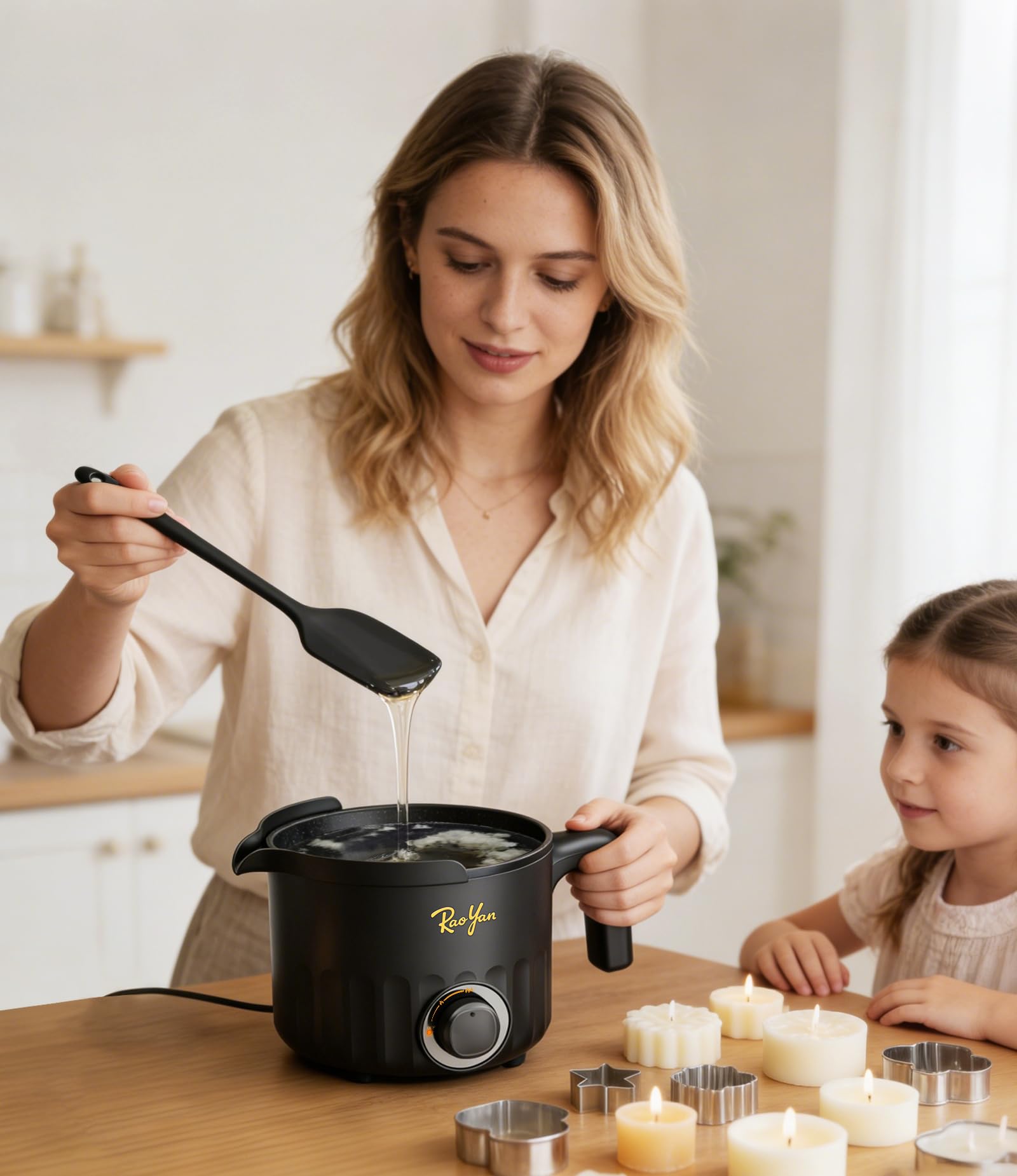 RAOYAN Wachsschmelzer mit Ausgießer 1,5L – Kerzen selber machen Set für Anfänger & Erwachsene, inkl. Wachsschmelztopf, Rührlöffel, Thermometer, Dochte, Aufkleber & Zentriervorrichtung - Schwarz