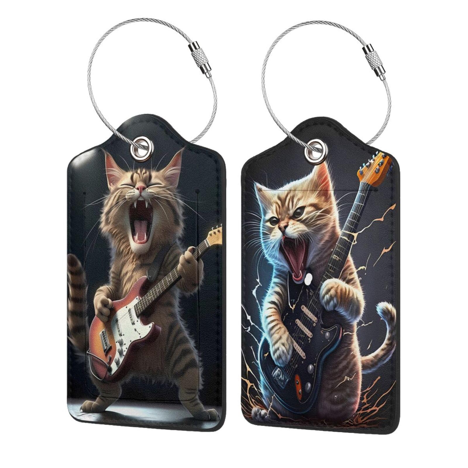 2 Pack Luggage Tags for suitcases Guitar Funny cute cat Luggage Tag, Leather Stainless Steel Loop Label Tag for Men Women Travel Bag Suitcase(Guitar