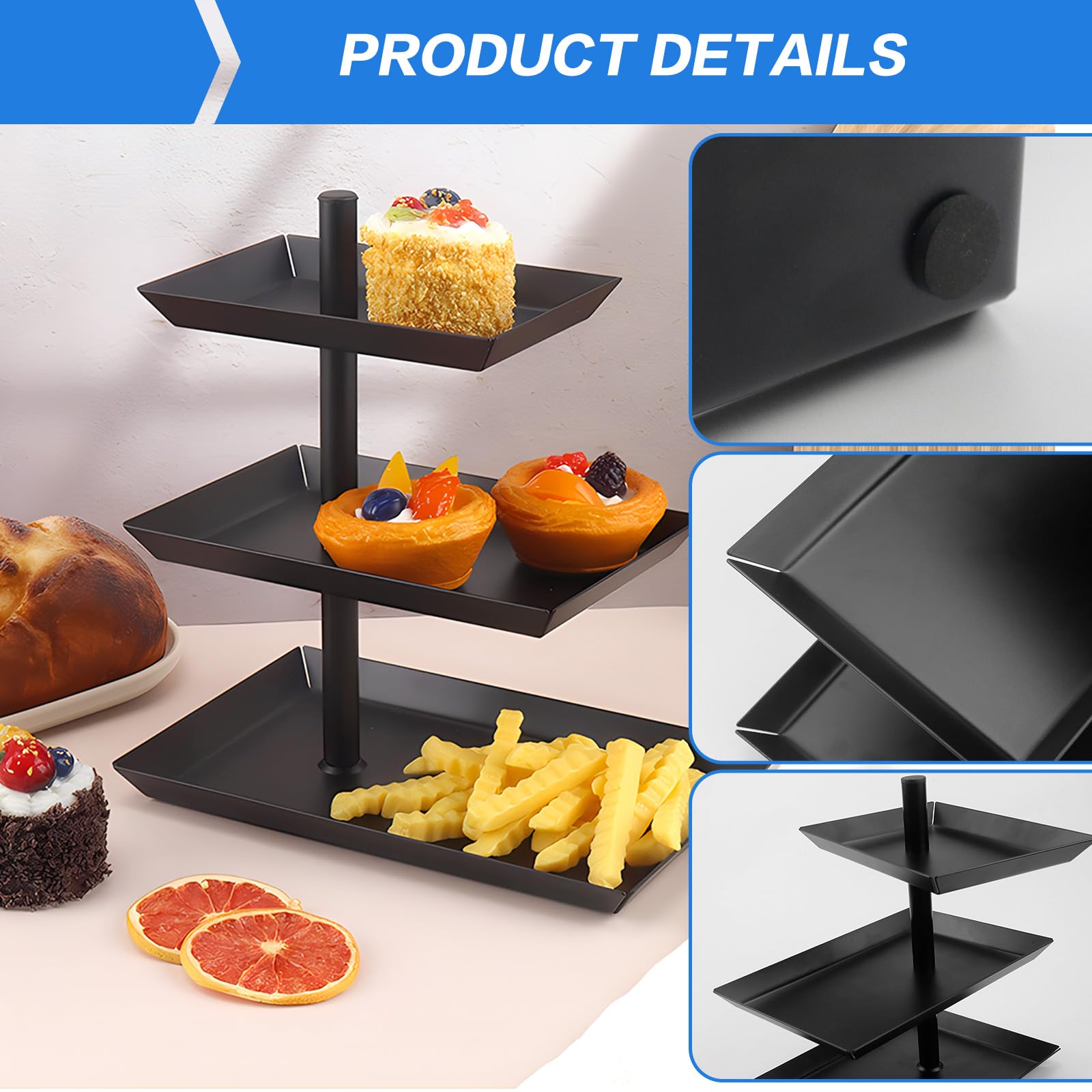 Présentoir à Gâteau 3 Étages Rotatif En Acier Noir - 360° Pour Desserts, Pâtisseries, Fruits - 24.8x16x26.3cm