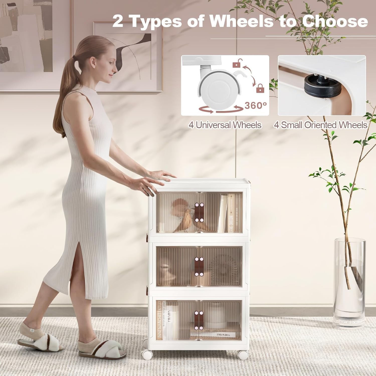 HOMGX 3 Tier Stackable Storage Bins, Collapsible Closet Organizers w/Wheels and Lids, Foldable Cabinet Front and Top Open, Foldable Plastic Containers for Kitchen (25.5 Gal (19" x 12" x 34"))