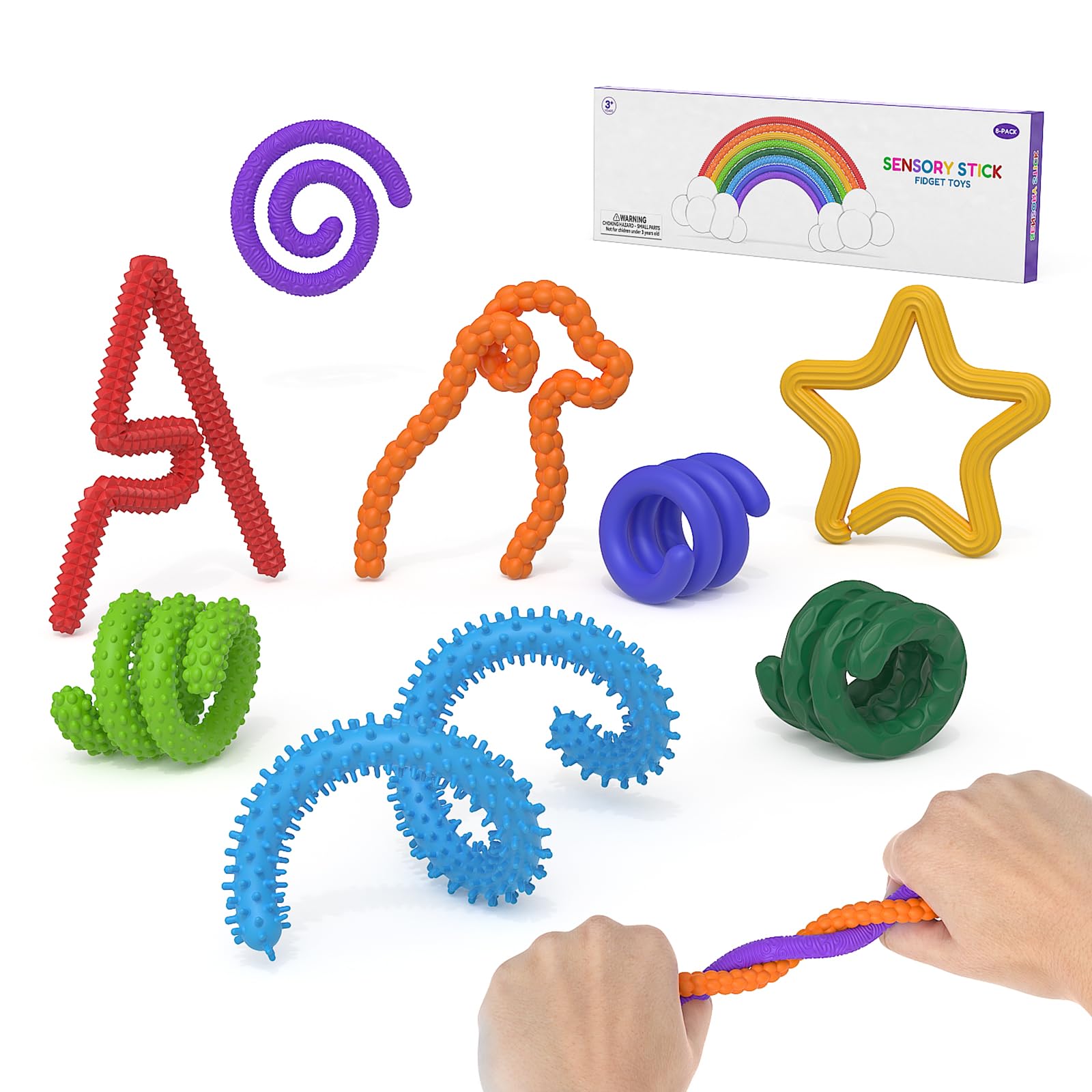 8 Pack Fidget Toys Sensory Stick Textured Calming Sensory Toys for Autism Kids Anxiety Relief Fidgets for Classroom Student Travel Activities Essential Fidget Toy Road Trip Essentials (8)