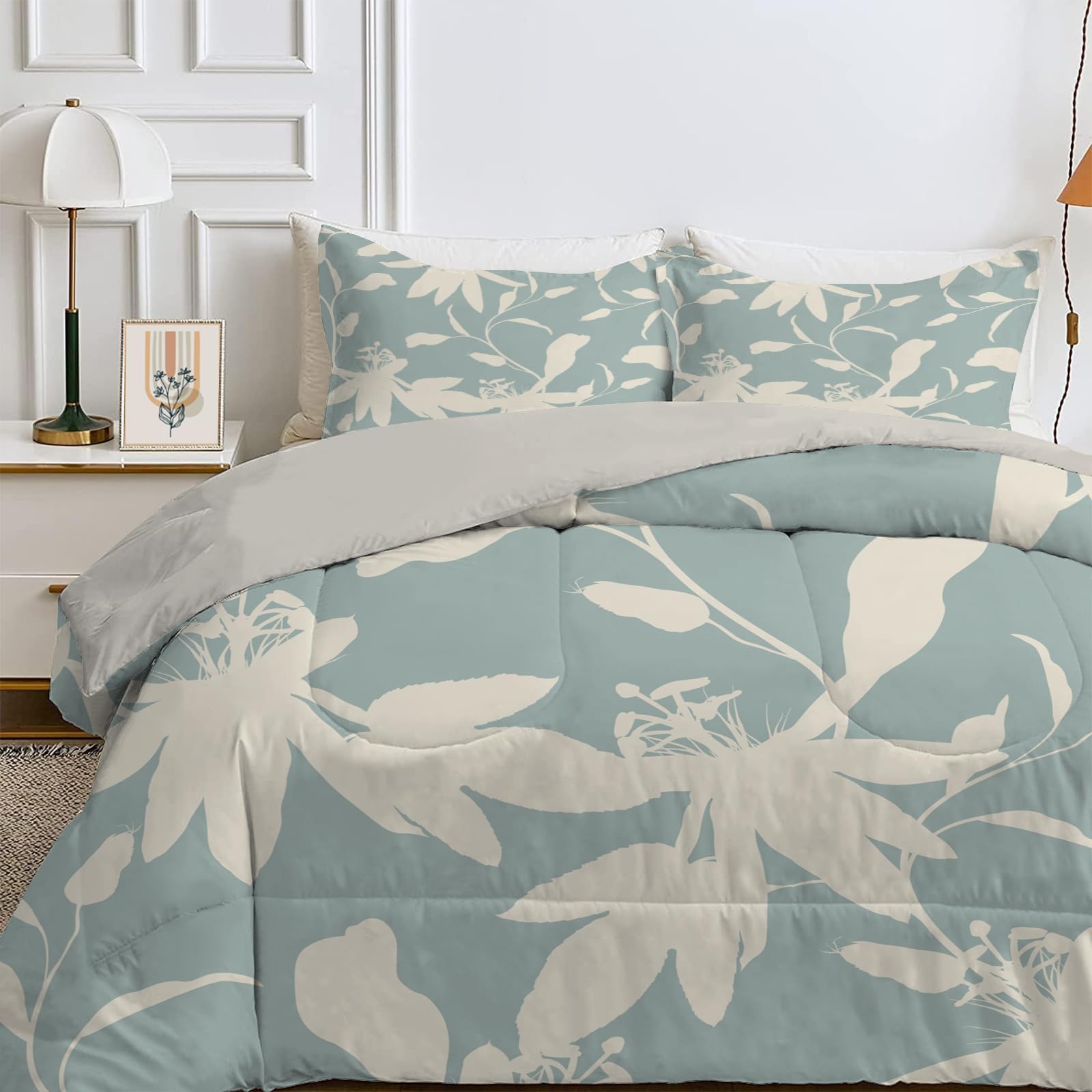 Qiwagu Light Blue Queen Size Duvet, Quilt 7.5 Tog for Summer & Autumn, Reversible Coverless Duvet with Floral Pattern, Lightweight Soft Comforter with 2 Pillowcases, 228x228cm, Machine Washable