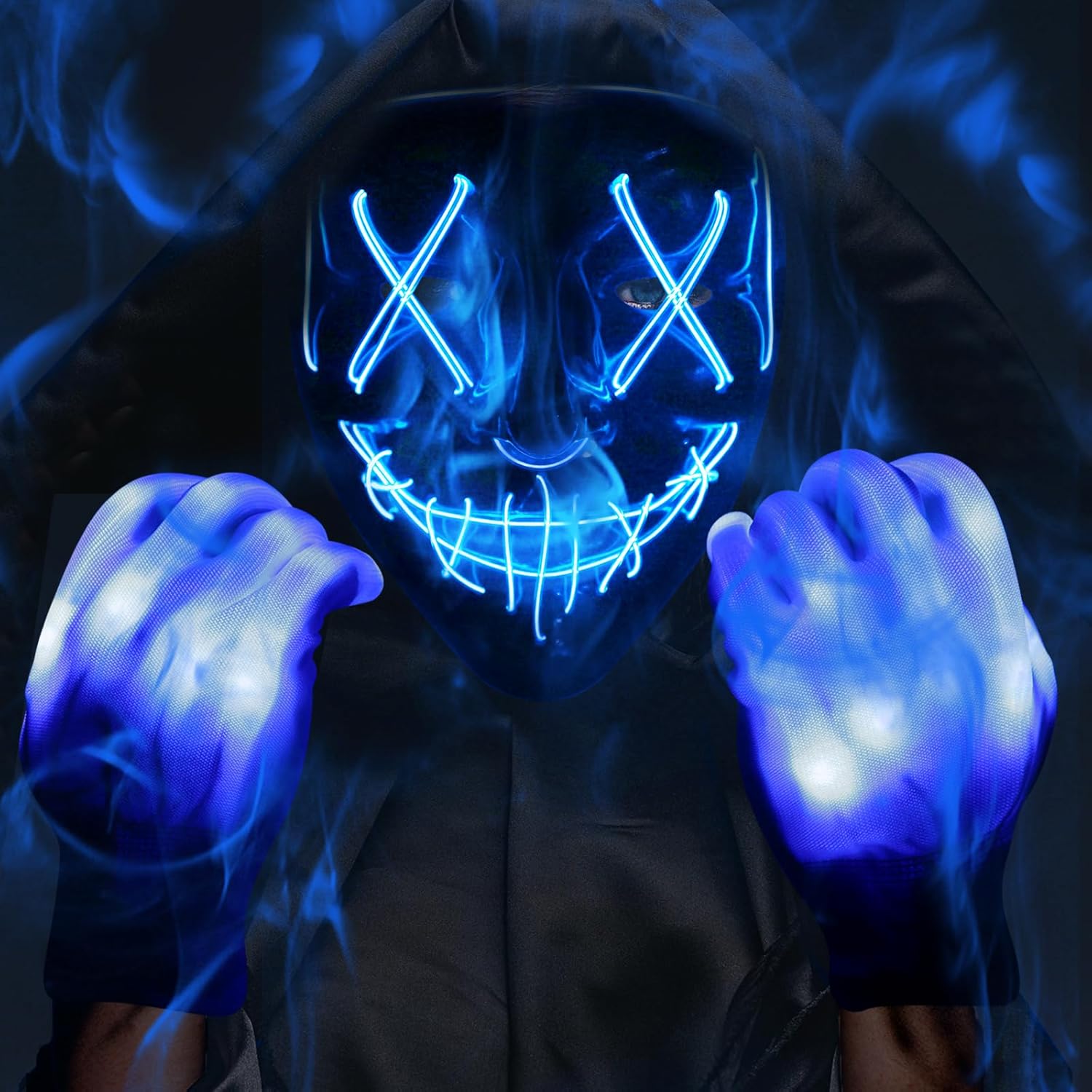 Max Fun Halloween Mask Glowing Gloves for Halloween Costume Cosplay Party Led Light Up Scary Masks for Halloween Party B- Blue