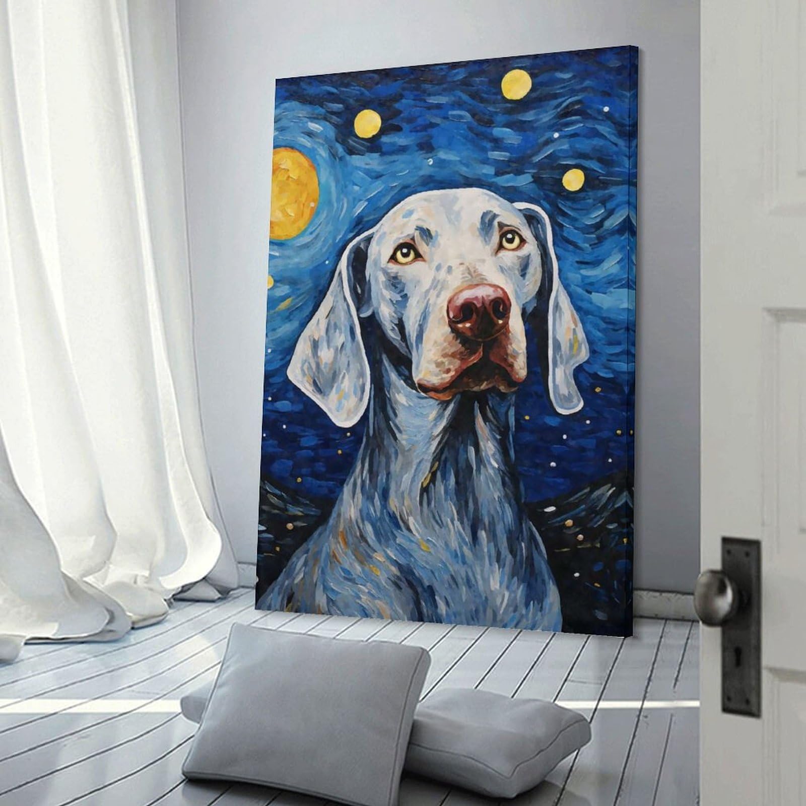 Junmoney Frame-Style-22 Weimaraner Starry Night Canvas Wall Art 08X12inch(20X30cm), For Workspace Walls, Study Corners Or Bedrooms, Wall Art That Adds Style To Work Areas