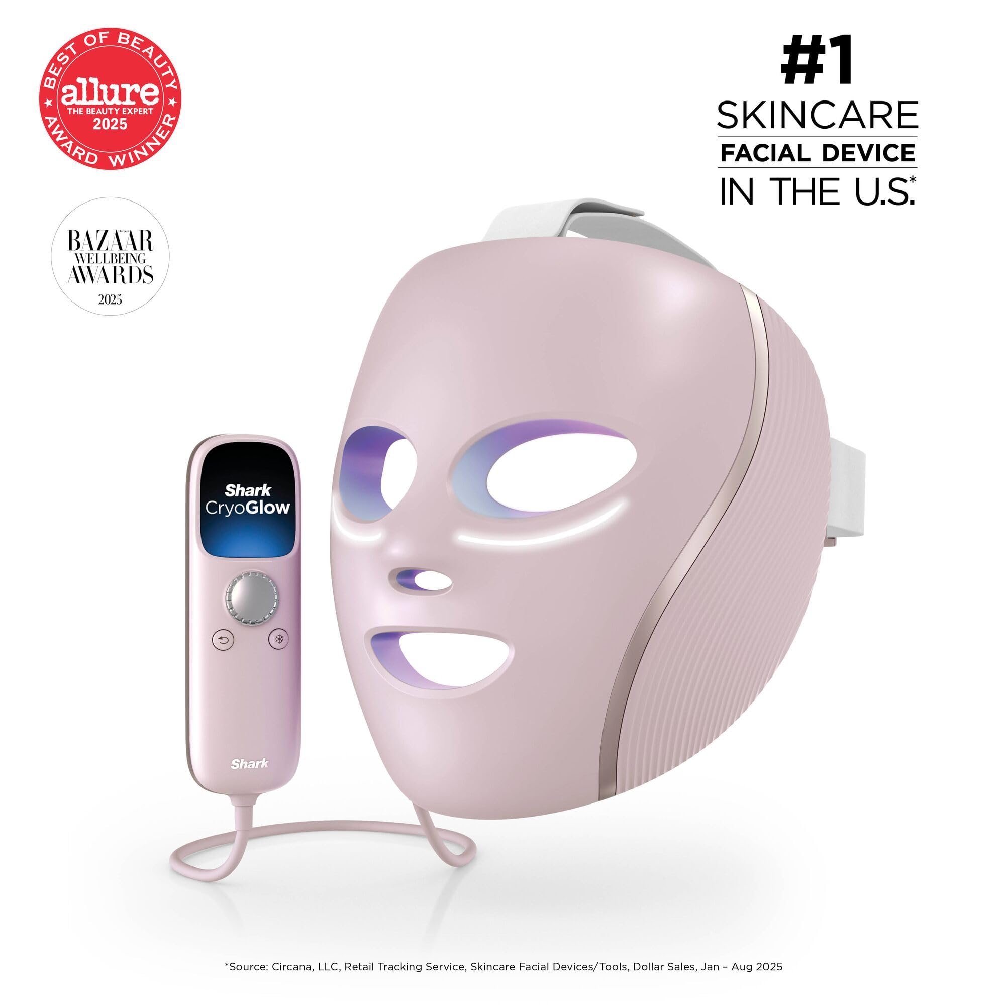 Shark CryoGlow Masque LED avec rafraîchissement du contour des yeux, LED rouge et bleue, photothérapie par lumière infrarouge, USB-C, télécommande, sac de rangement, sangles réglables, lilas FW312EUPL