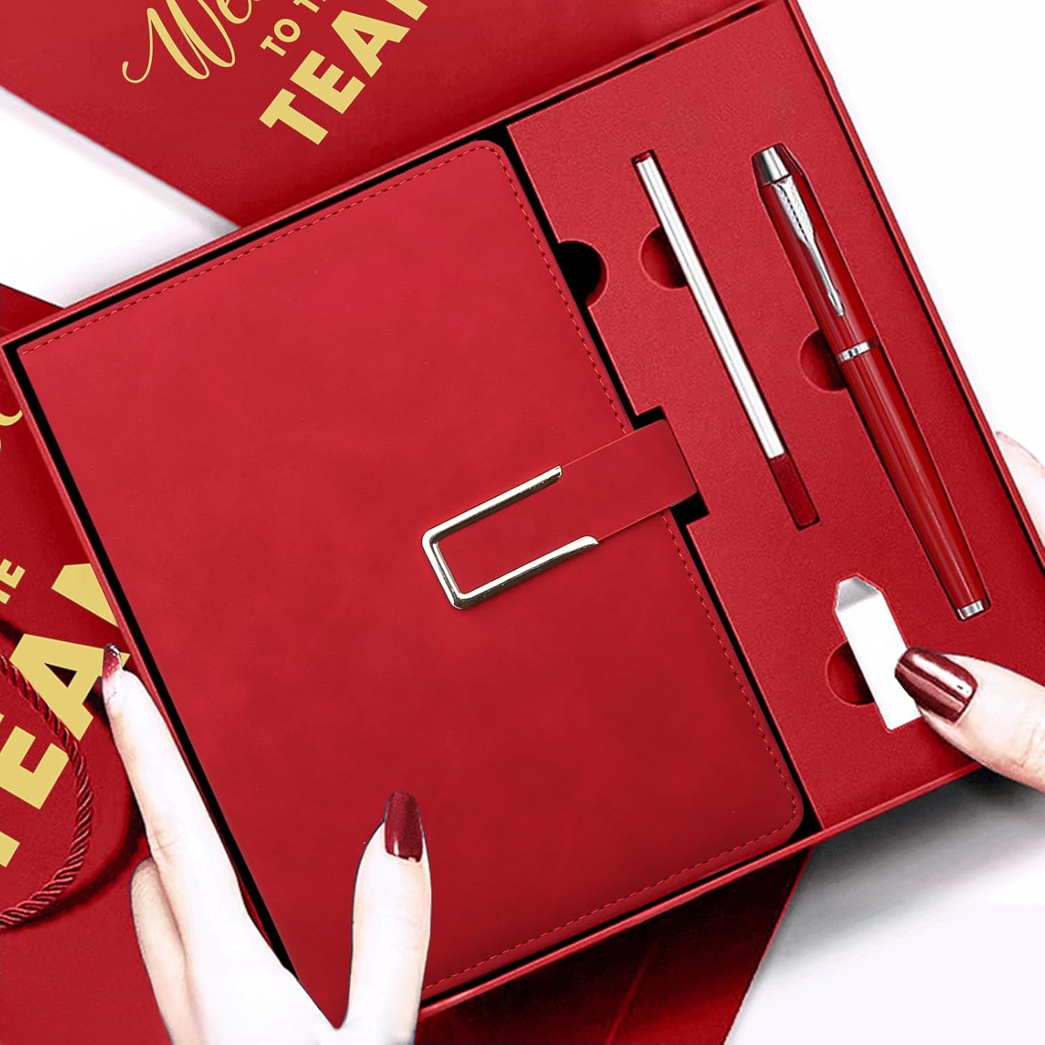 Welcome to The Team Gift Sets - Notebook, Pen, 16GB USB Drive, Come with Gift Bag and Box for New Workers- Red (Red)