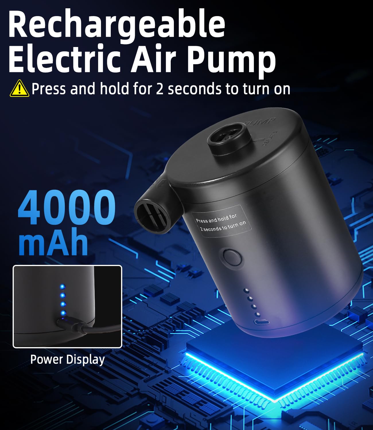 Inflador Electrico Colchon Portátil 4000mAh, Hinchador Colchon Hinchable de Llenado Rápido, Mini Inflador Paddle Surf Electrico para Cojines Inflables, Camas de Colchón de Aire, 3 Boquillas