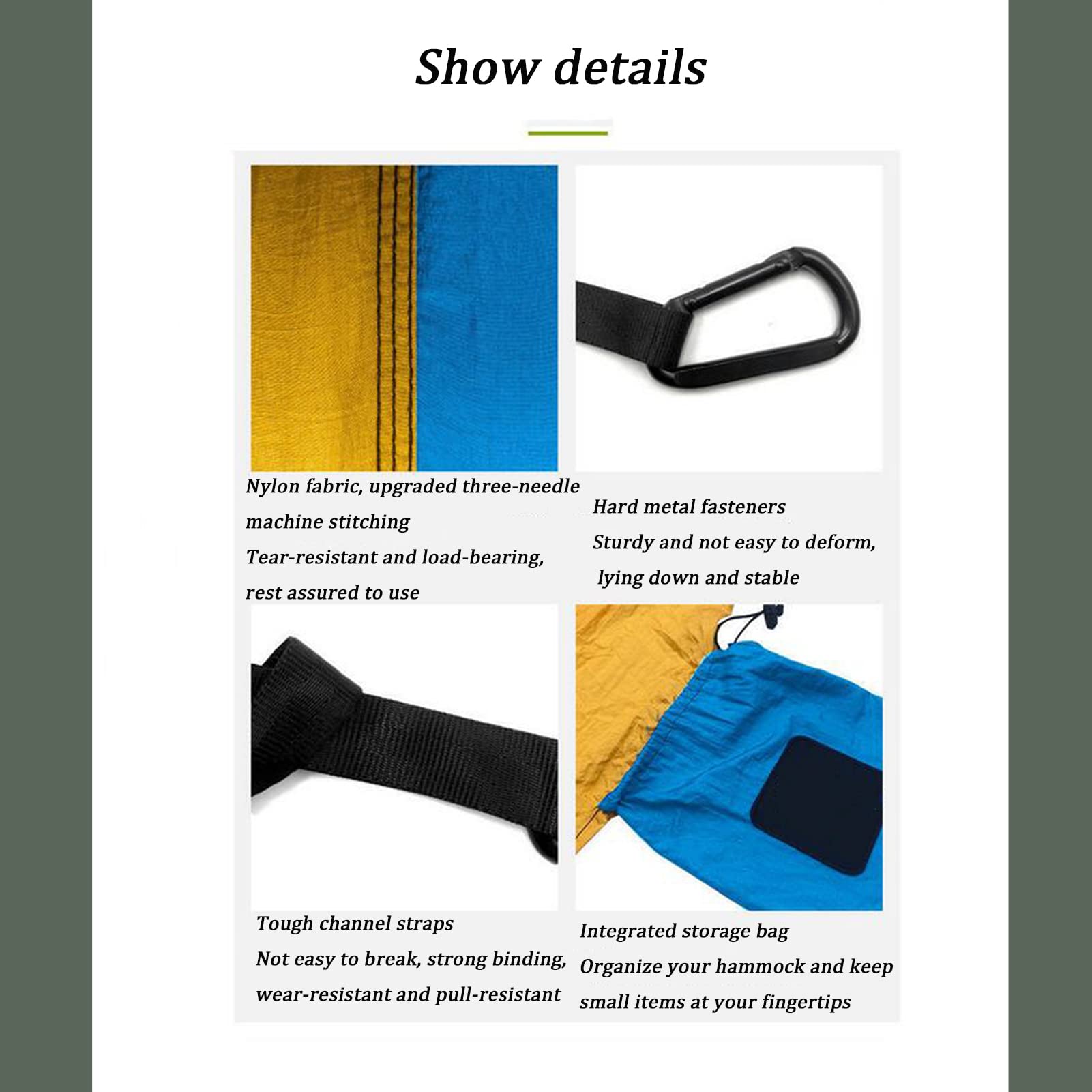 DYTWXG Hamacas portátiles de Nailon, hamacas livianas y duraderas, con Correas para árboles para Acampar, para Caminatas en la Playa en Interiores y Exteriores-Amarillo + Azul Real (110x55 Pulgadas)